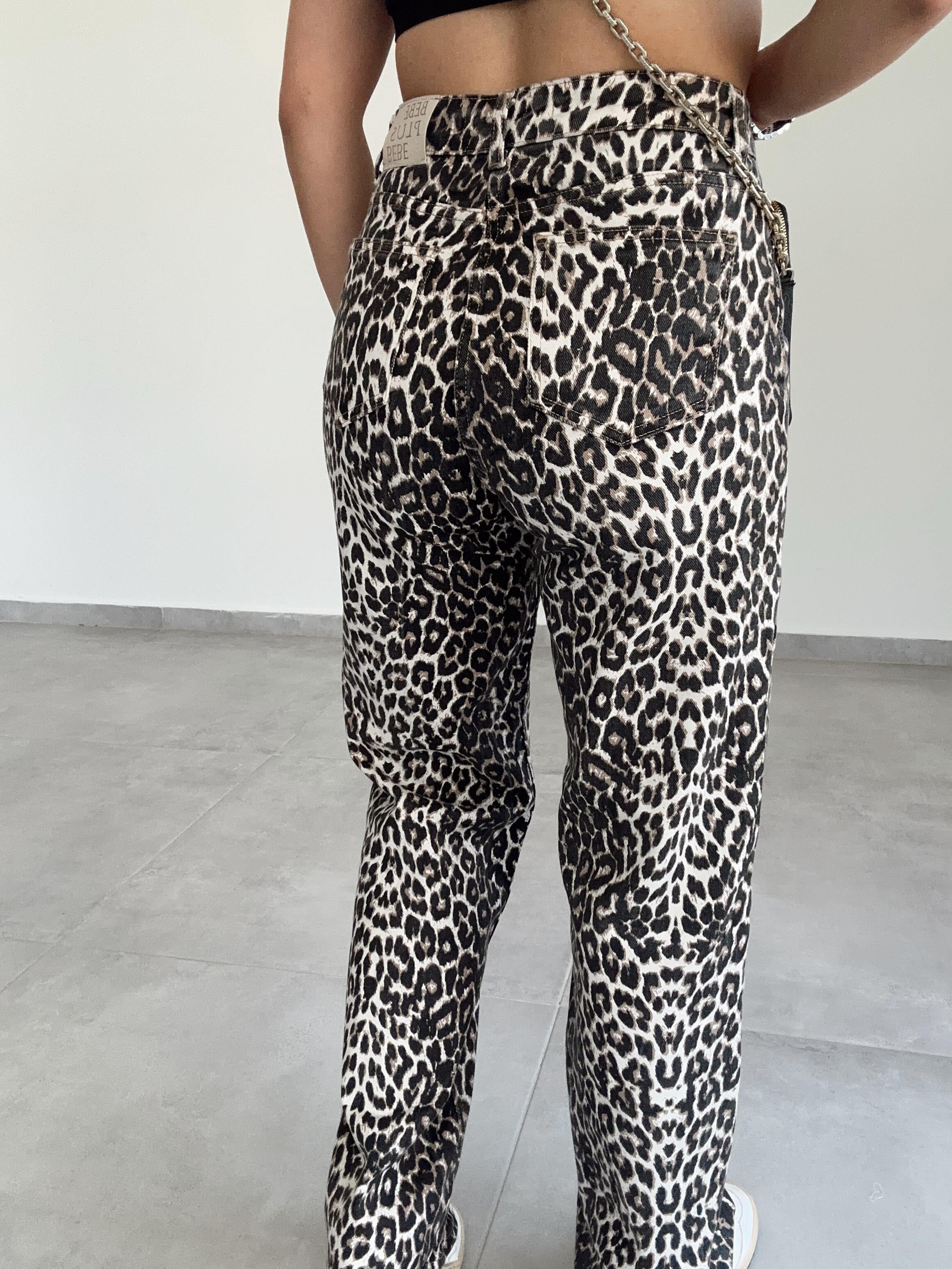 Siyah-Bej Leopar Desen Pantolon