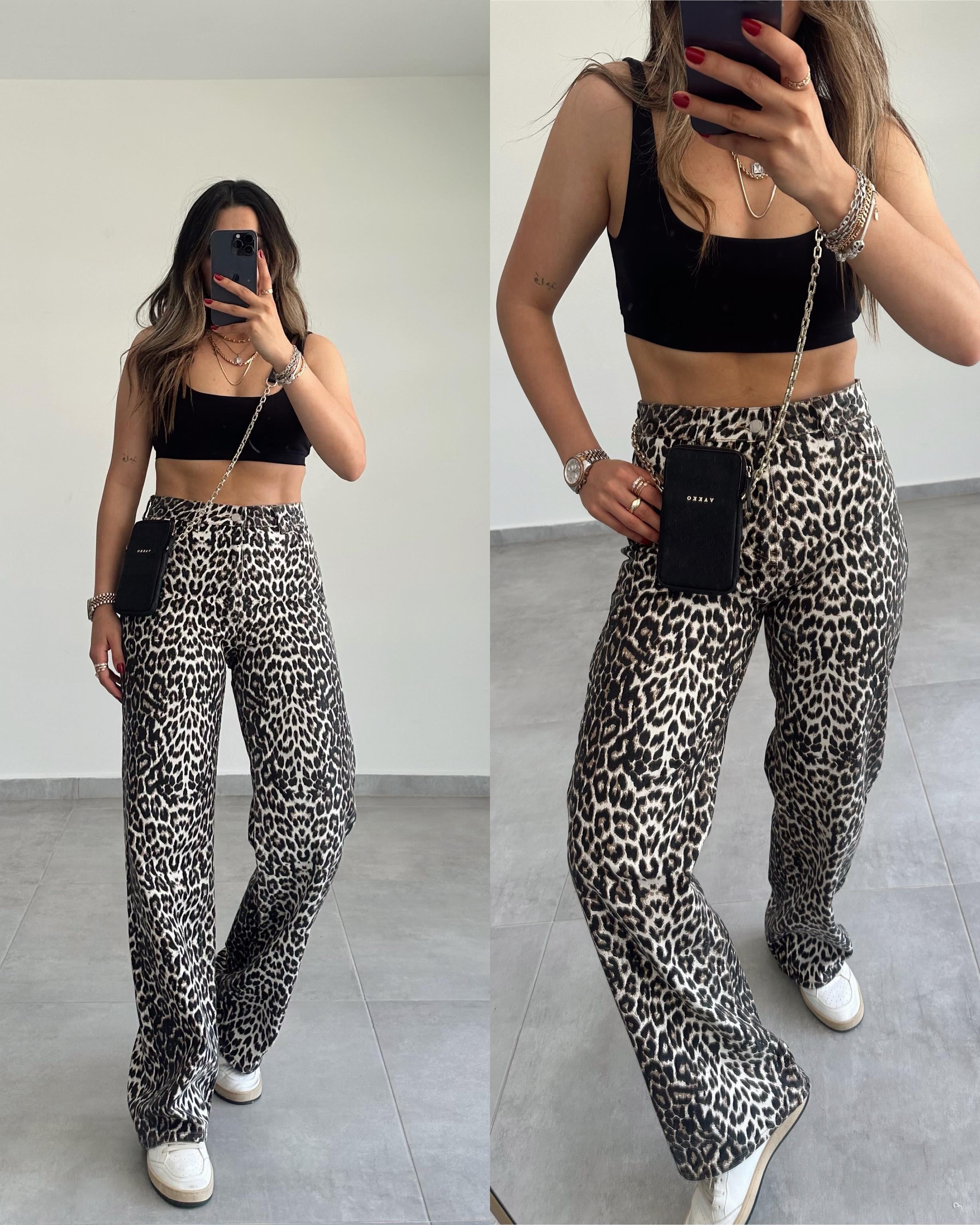 Siyah-Bej Leopar Desen Pantolon
