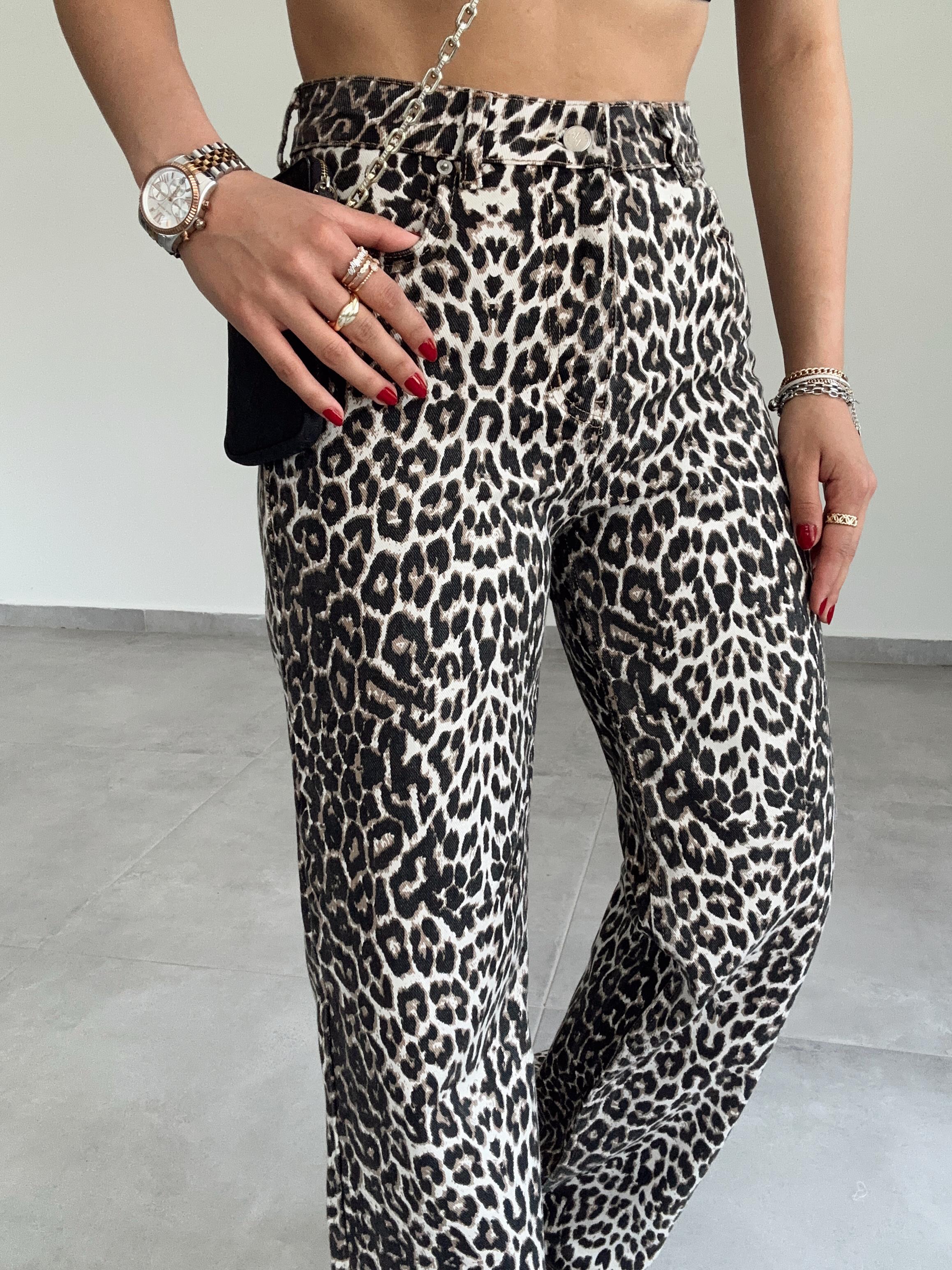 Siyah-Bej Leopar Desen Pantolon