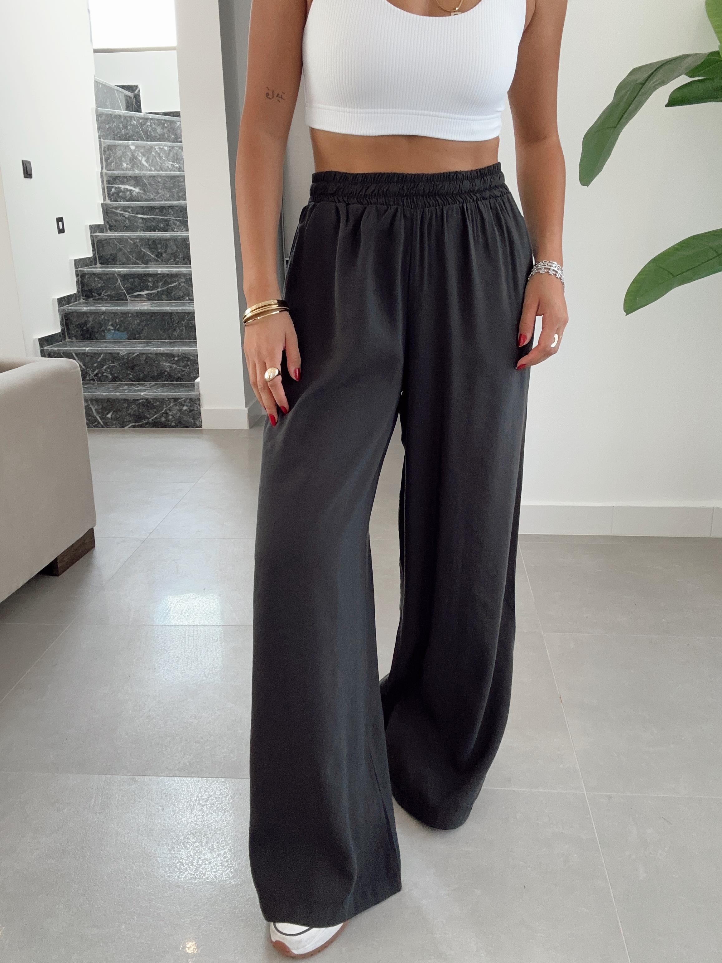 Siyah Beli Lastikli Bol Paça