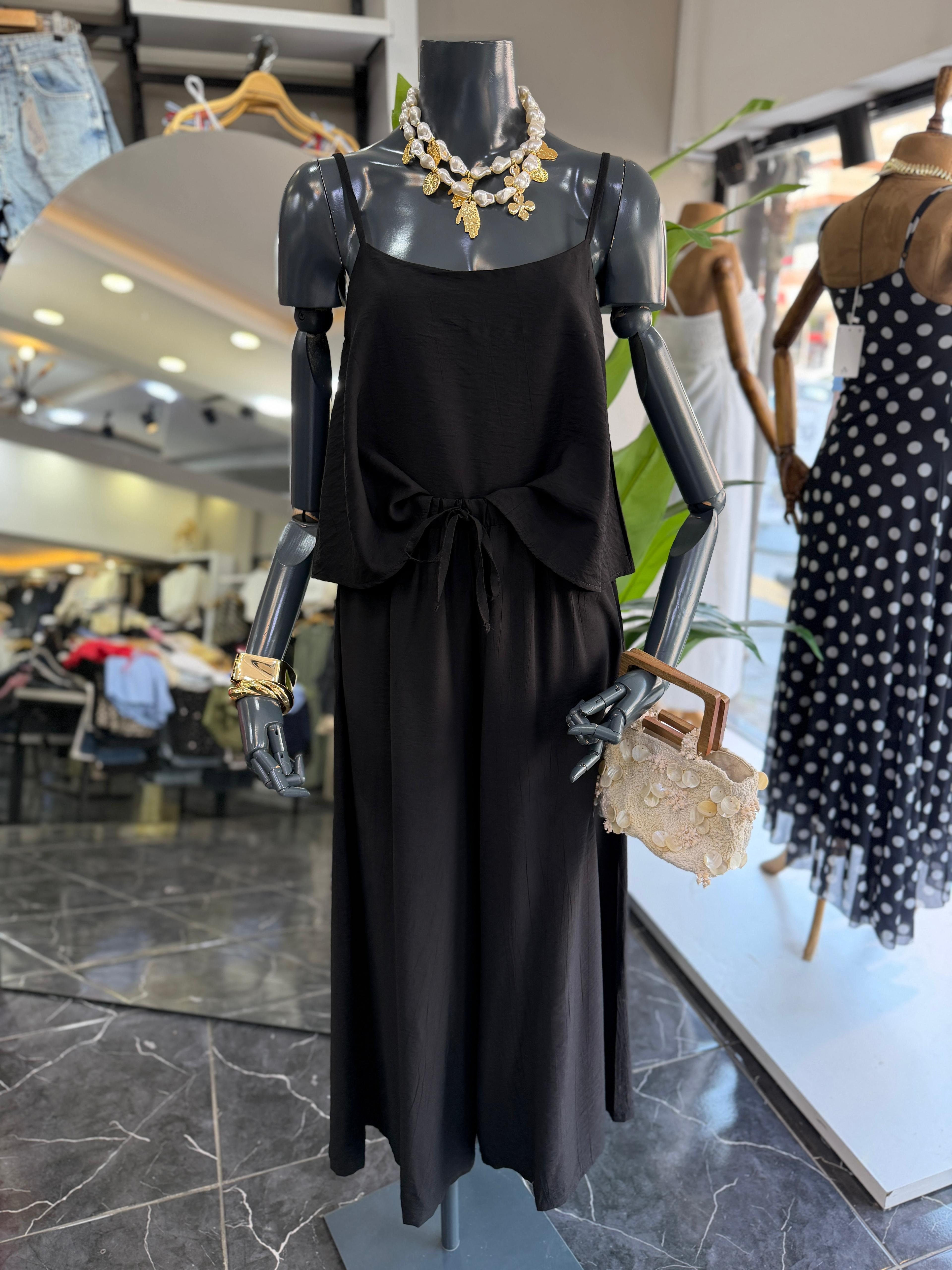 Levure Siyah Beli Lastikli Su Taşı Detaylı Pantolon
