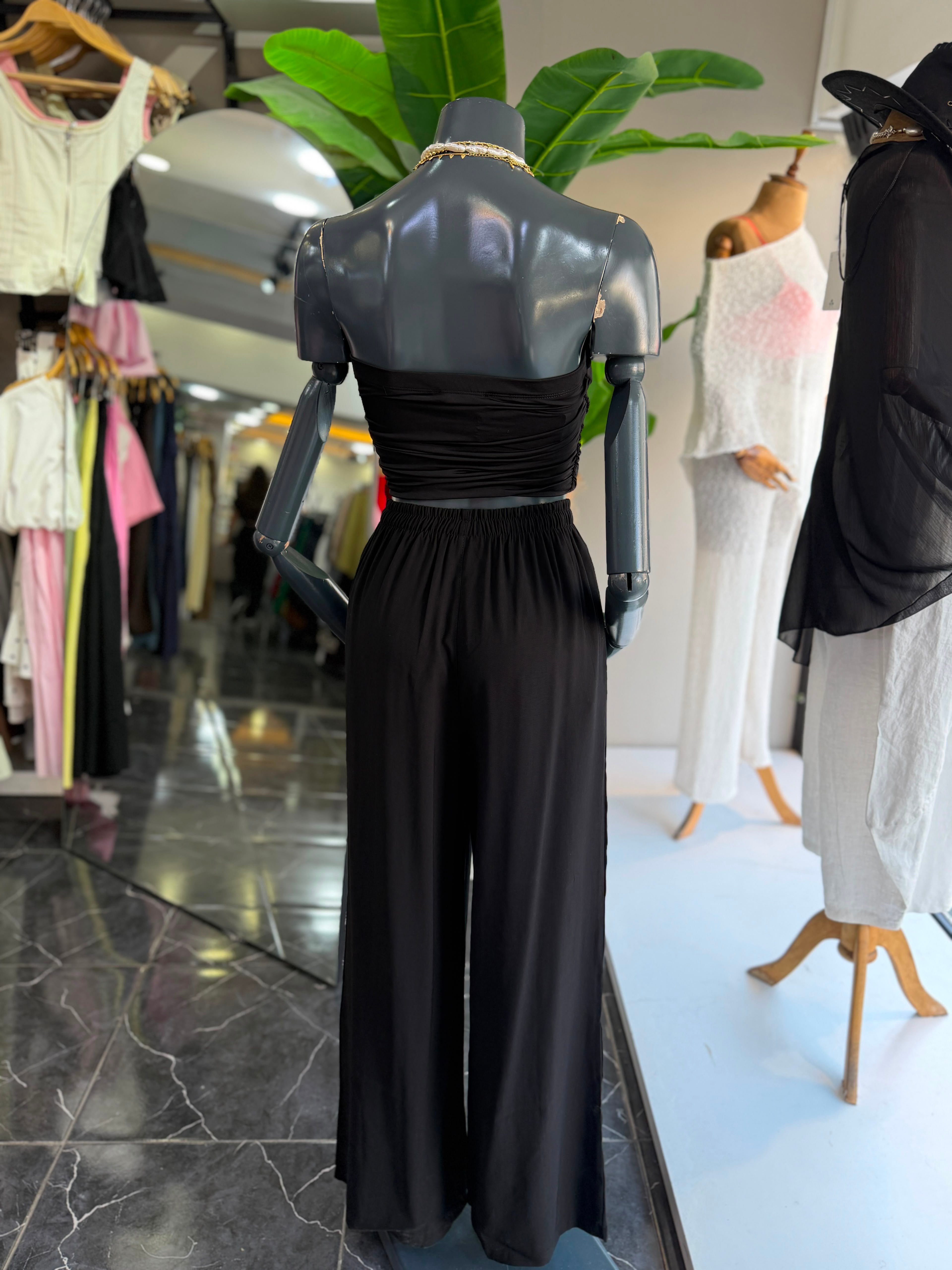 Siyah Beli Lastikli Tencel Pantolon