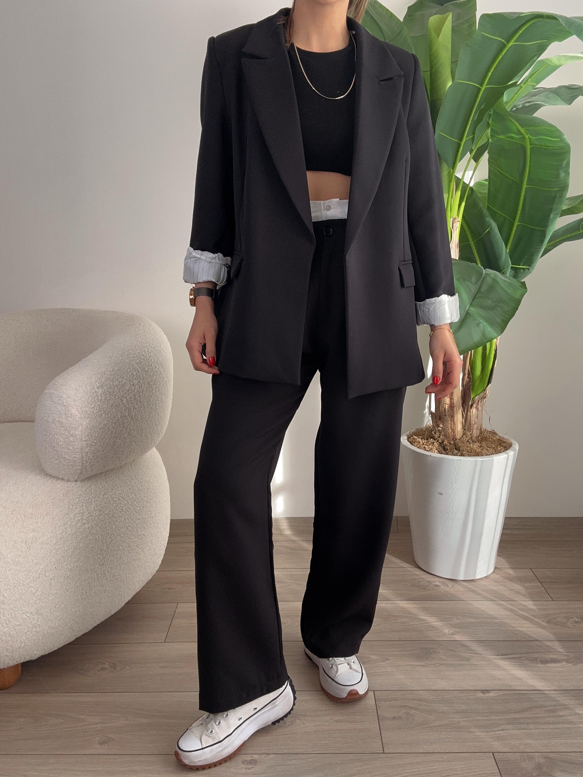 Siyah Beyaz Bel Detaylı Palazzo