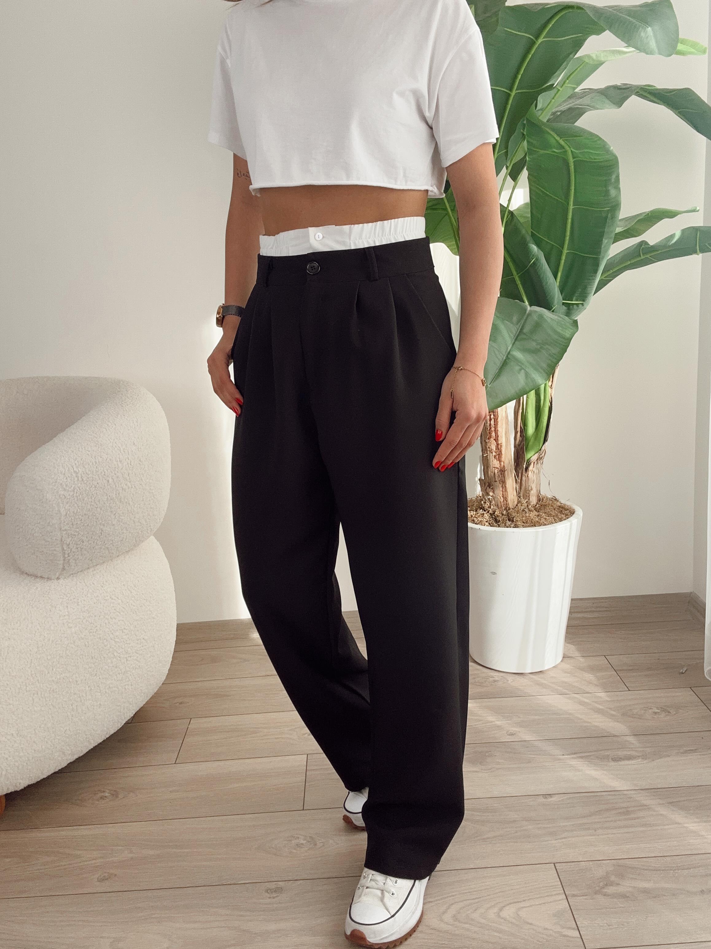 Siyah Beyaz Bel Detaylı Palazzo