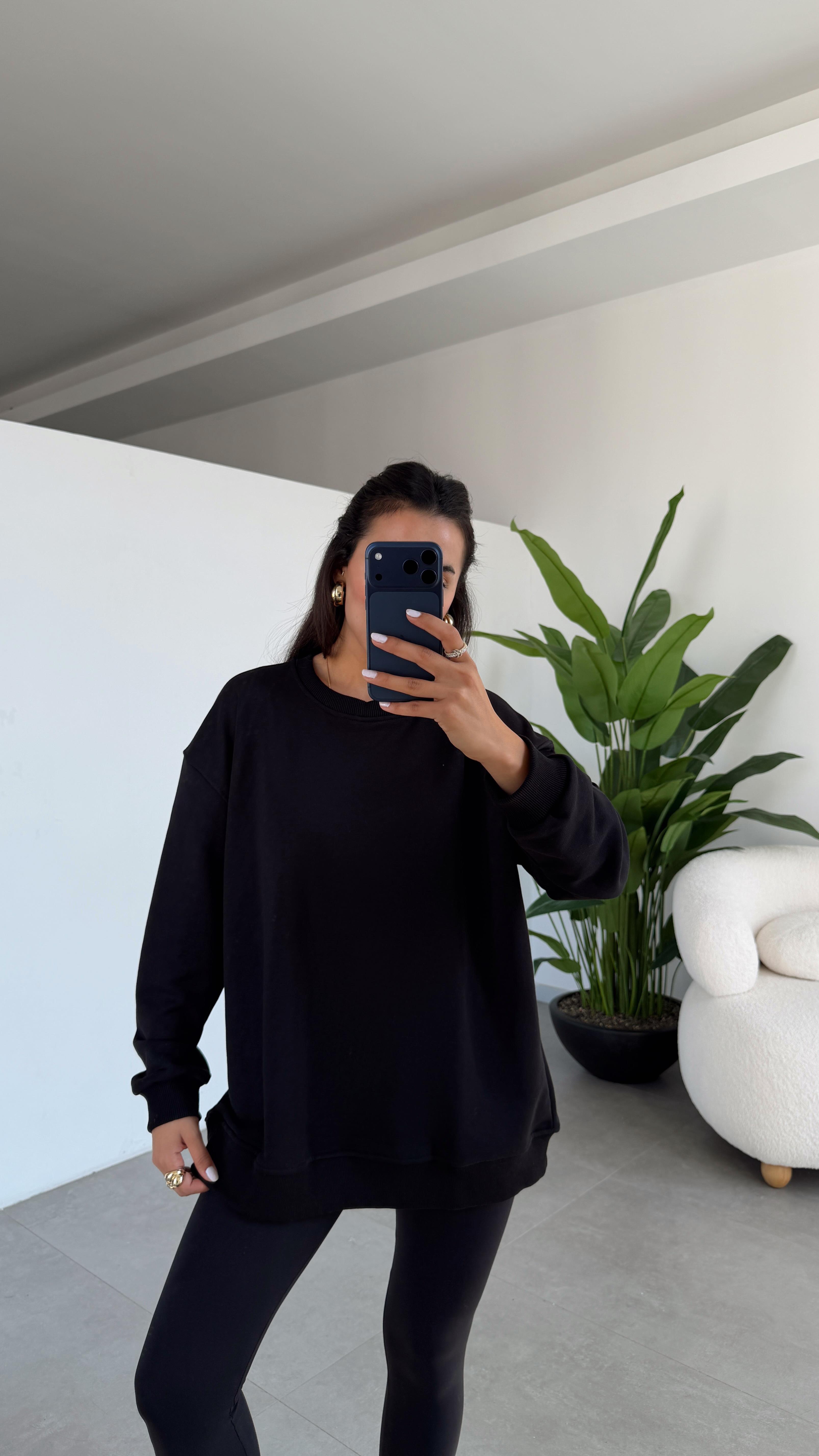 Siyah Bisiklet Yaka Oversize Sweat