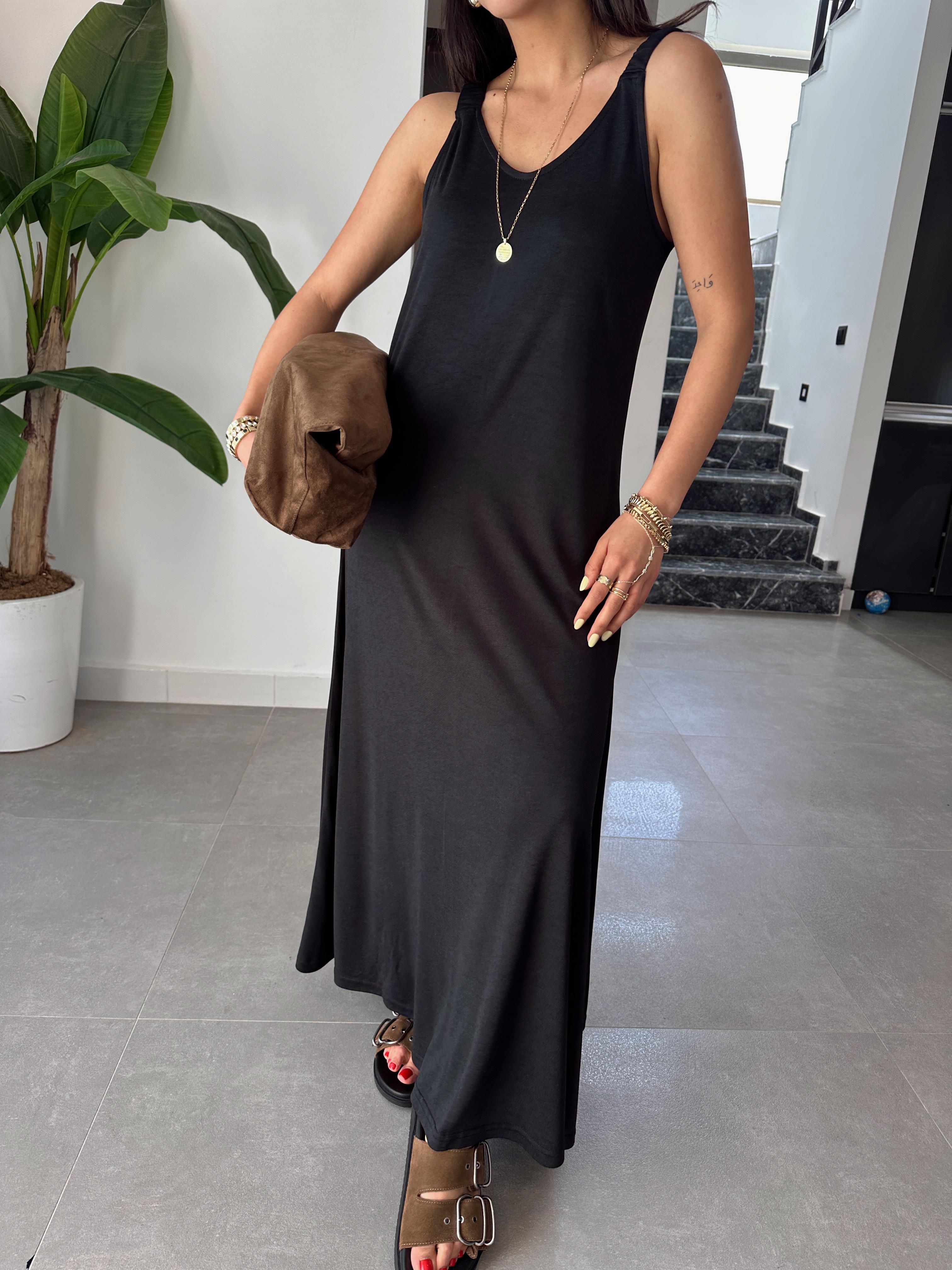 Siyah Büzgü Askılı Modal Kumaş Elbise