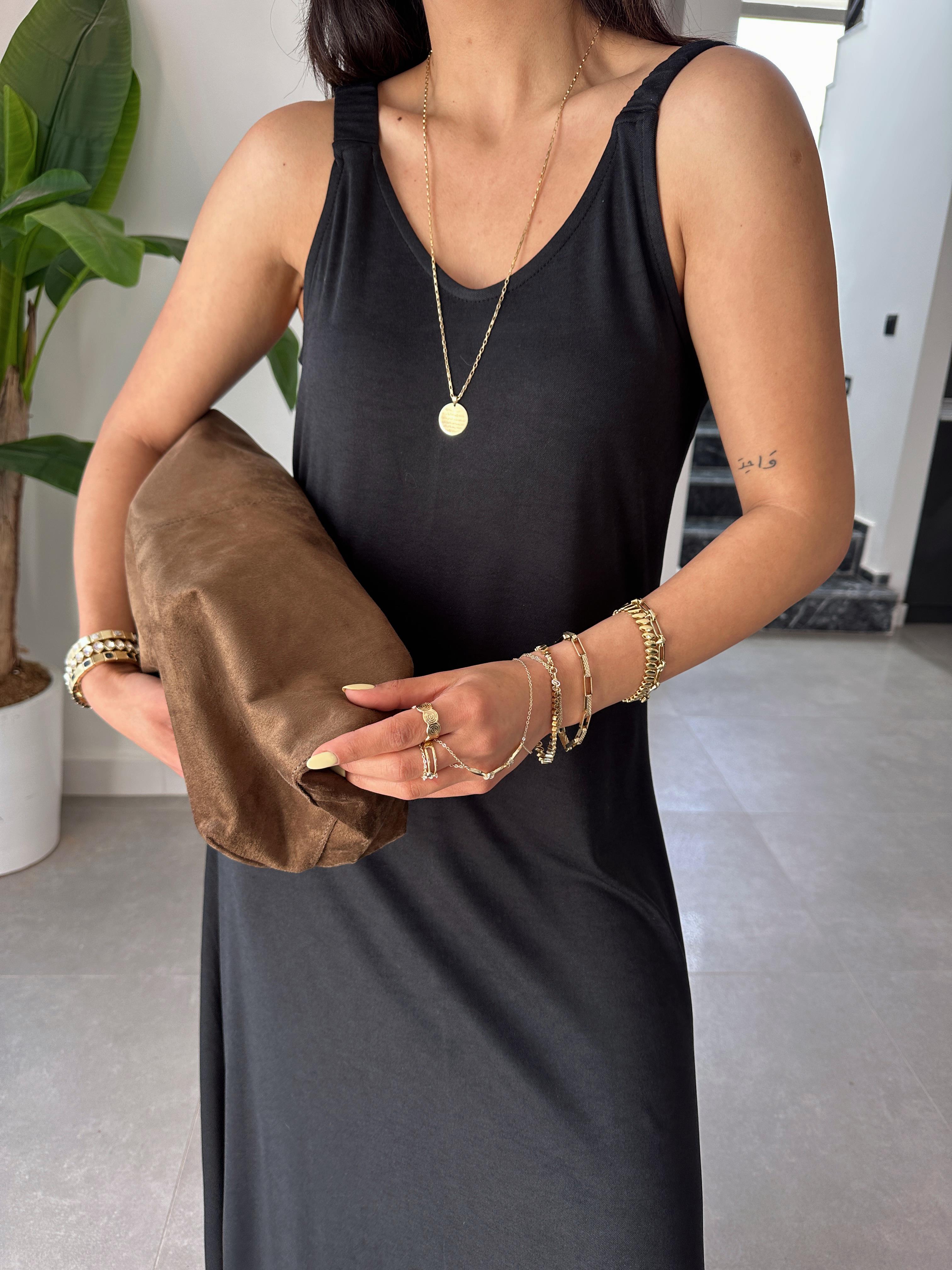 Siyah Büzgü Askılı Modal Kumaş Elbise