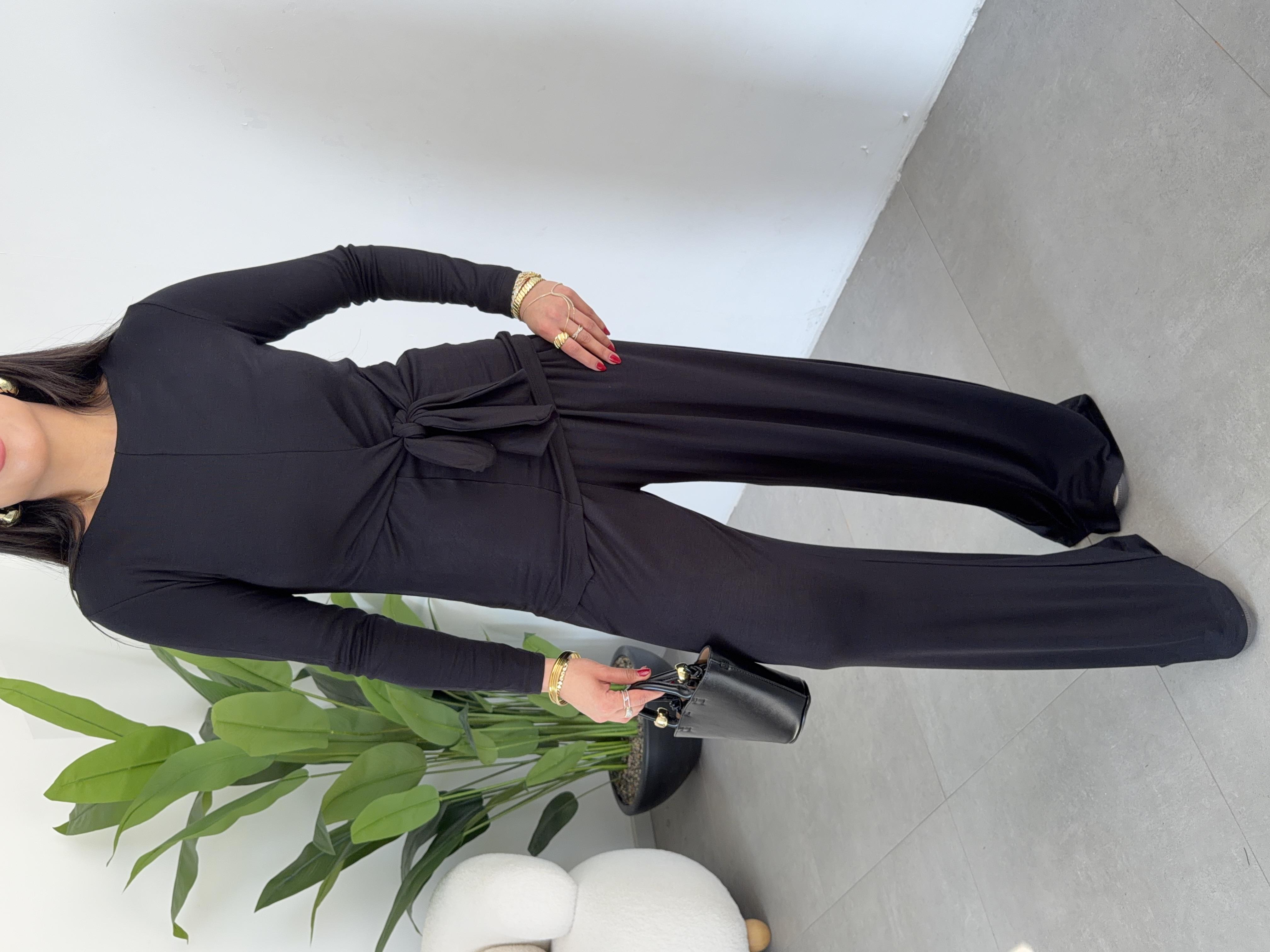 Siyah Buzy Bel Bağlamalı Bluz Pantolon Takım