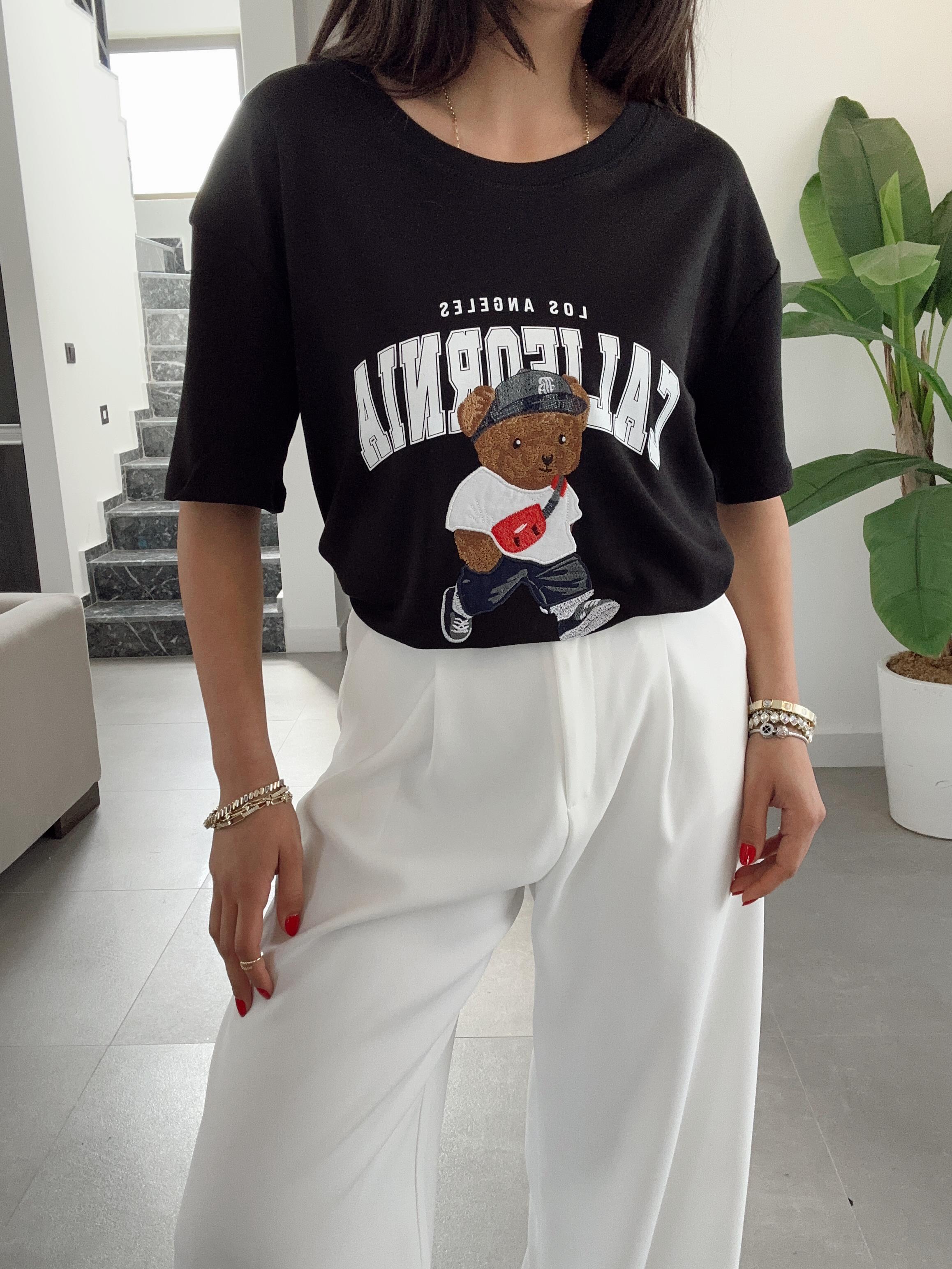 Siyah California Tedy Nakışlı Tshirt