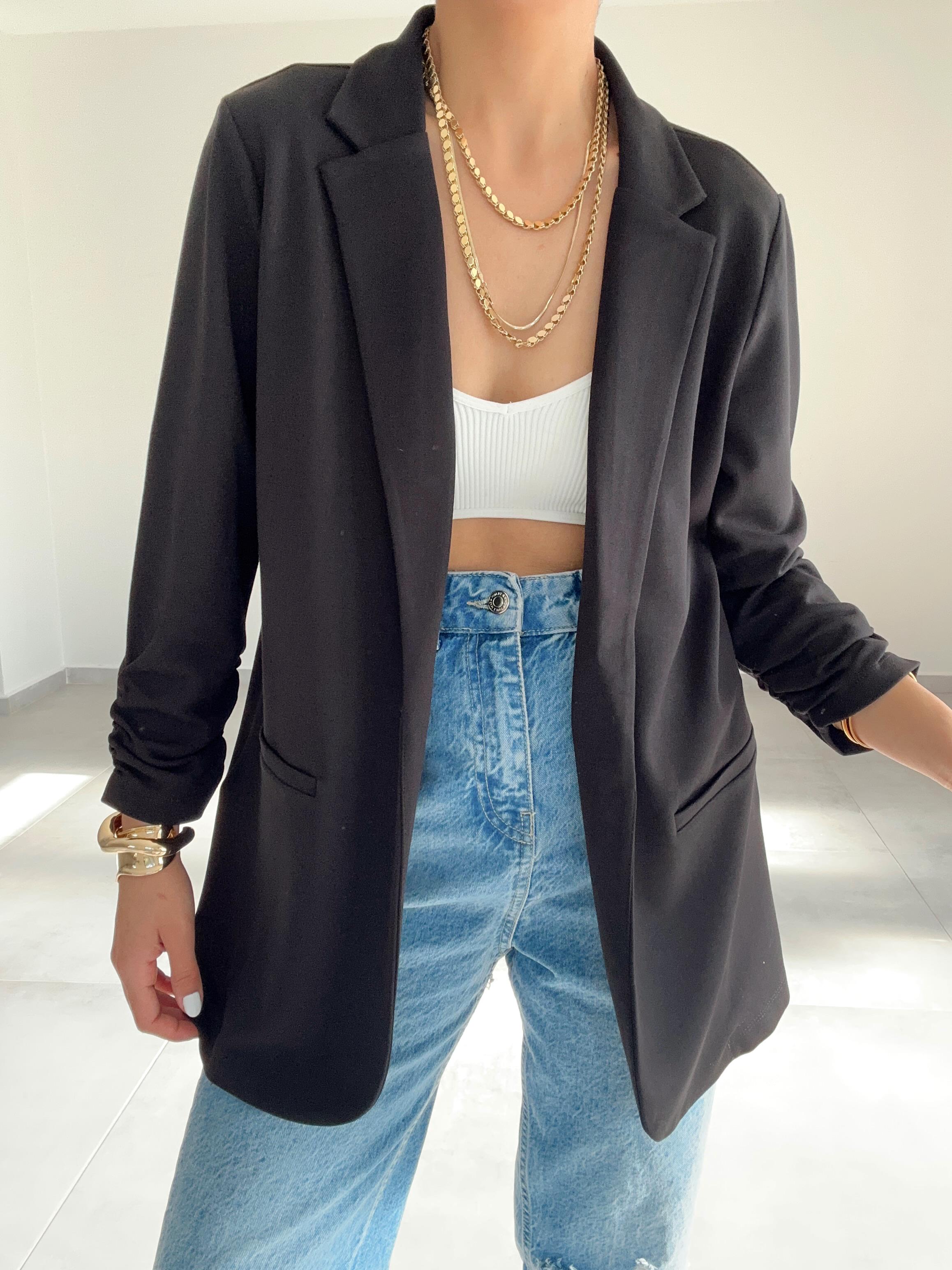 Siyah Çelik Kumaş Kol Büzgülü Blazer Ceket