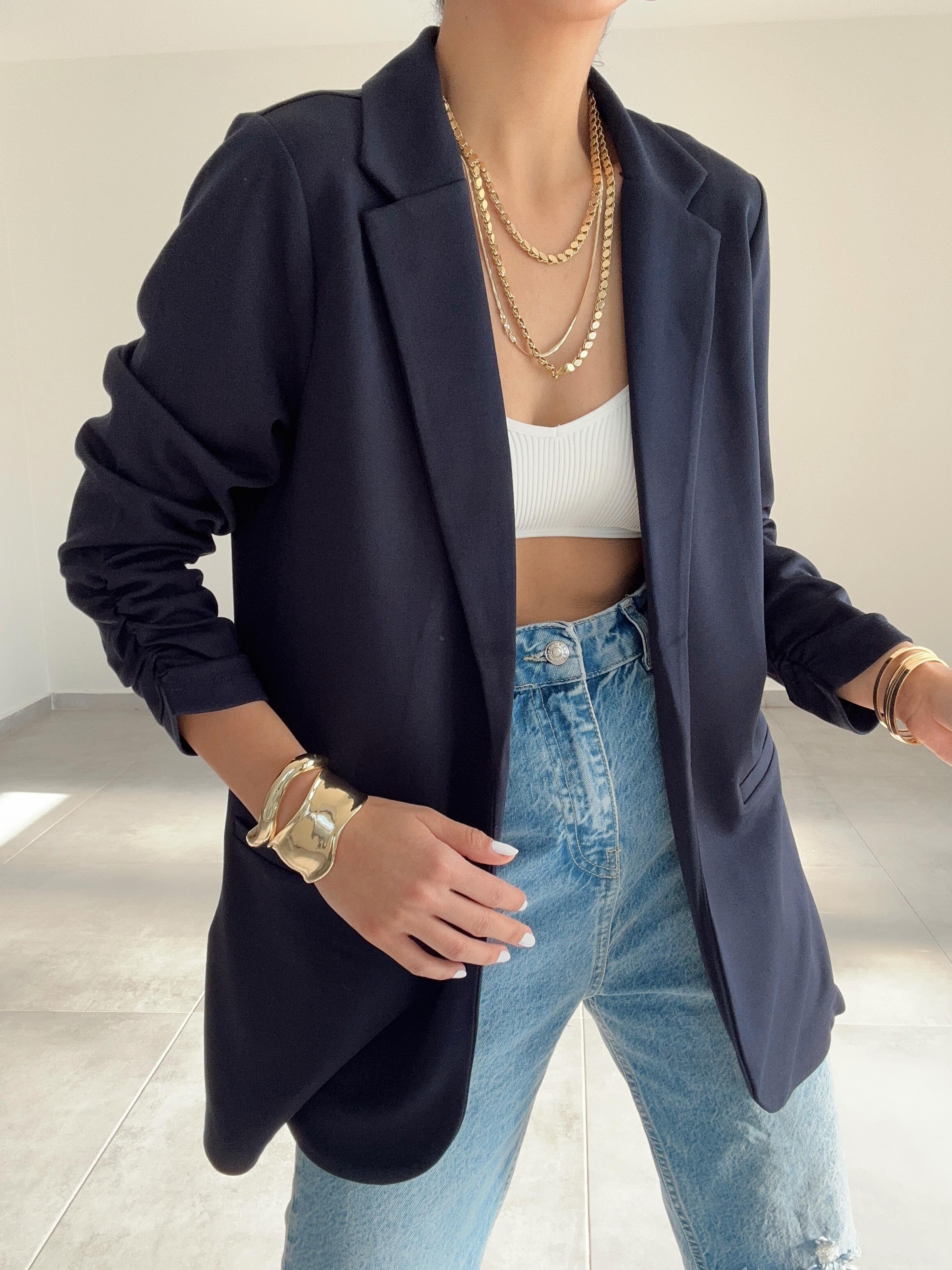 Siyah Çelik Kumaş Kol Büzgülü Blazer Ceket