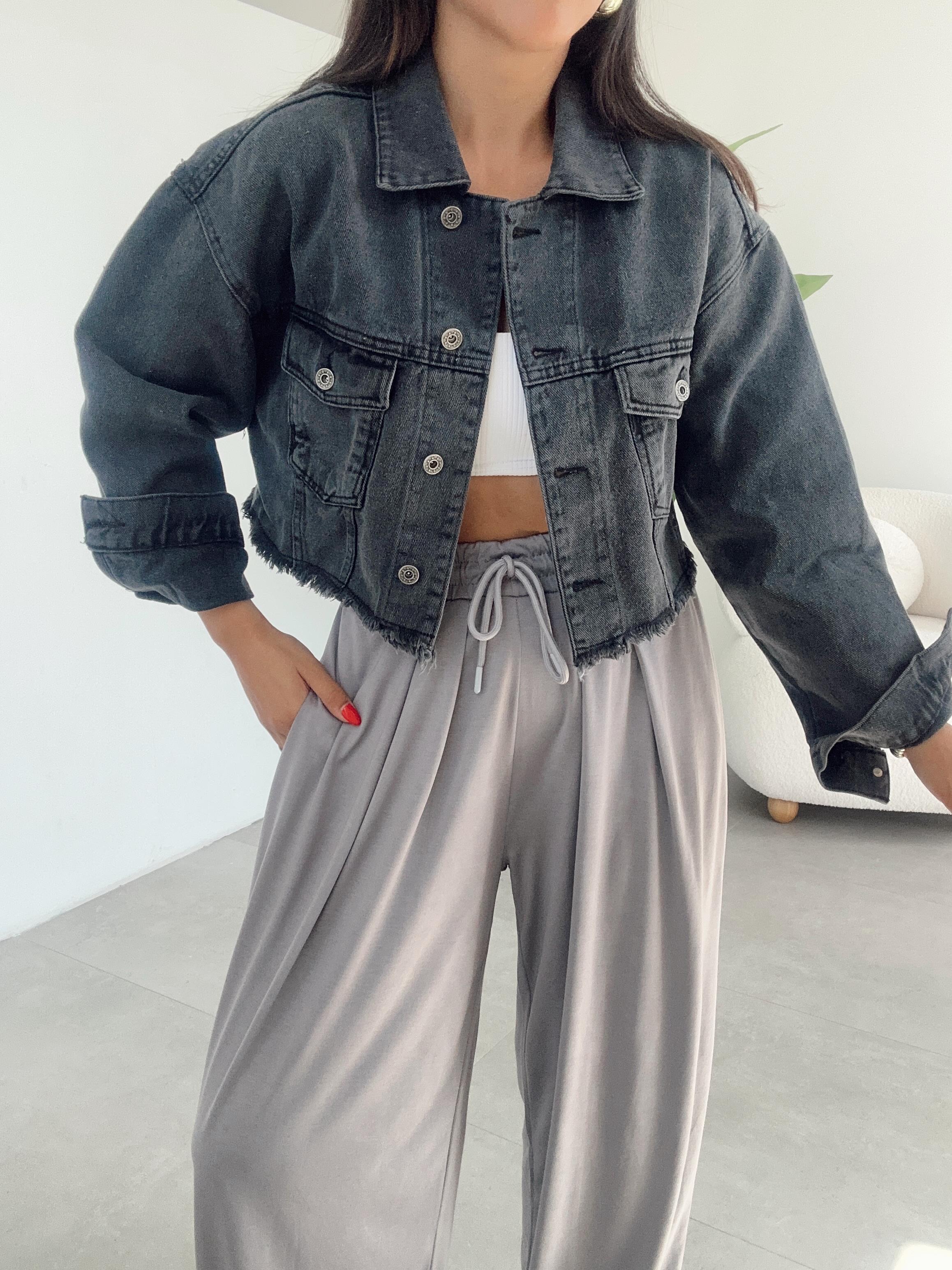Siyah Crop Denim Ceket