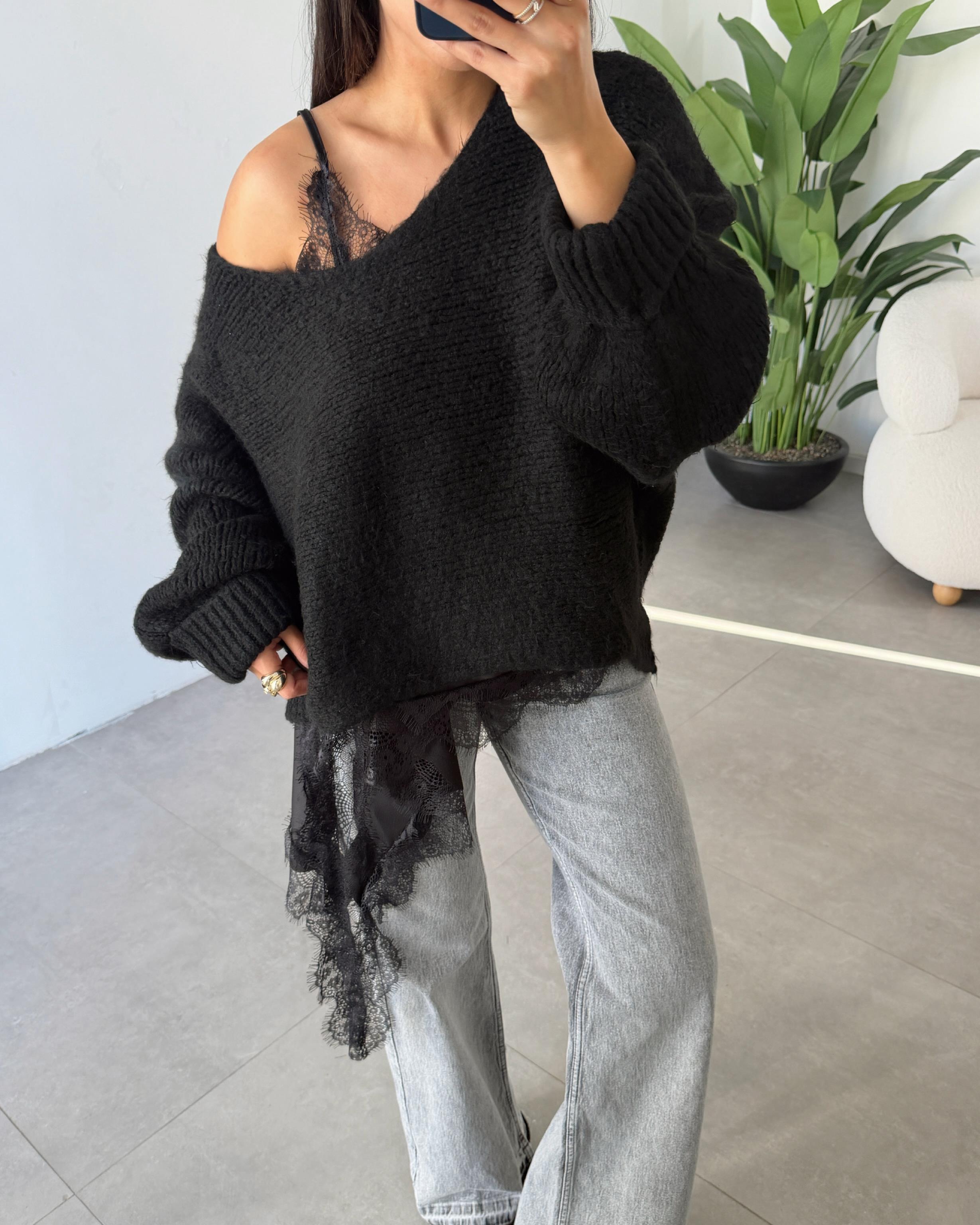 Siyah Dantel Bluz Agno