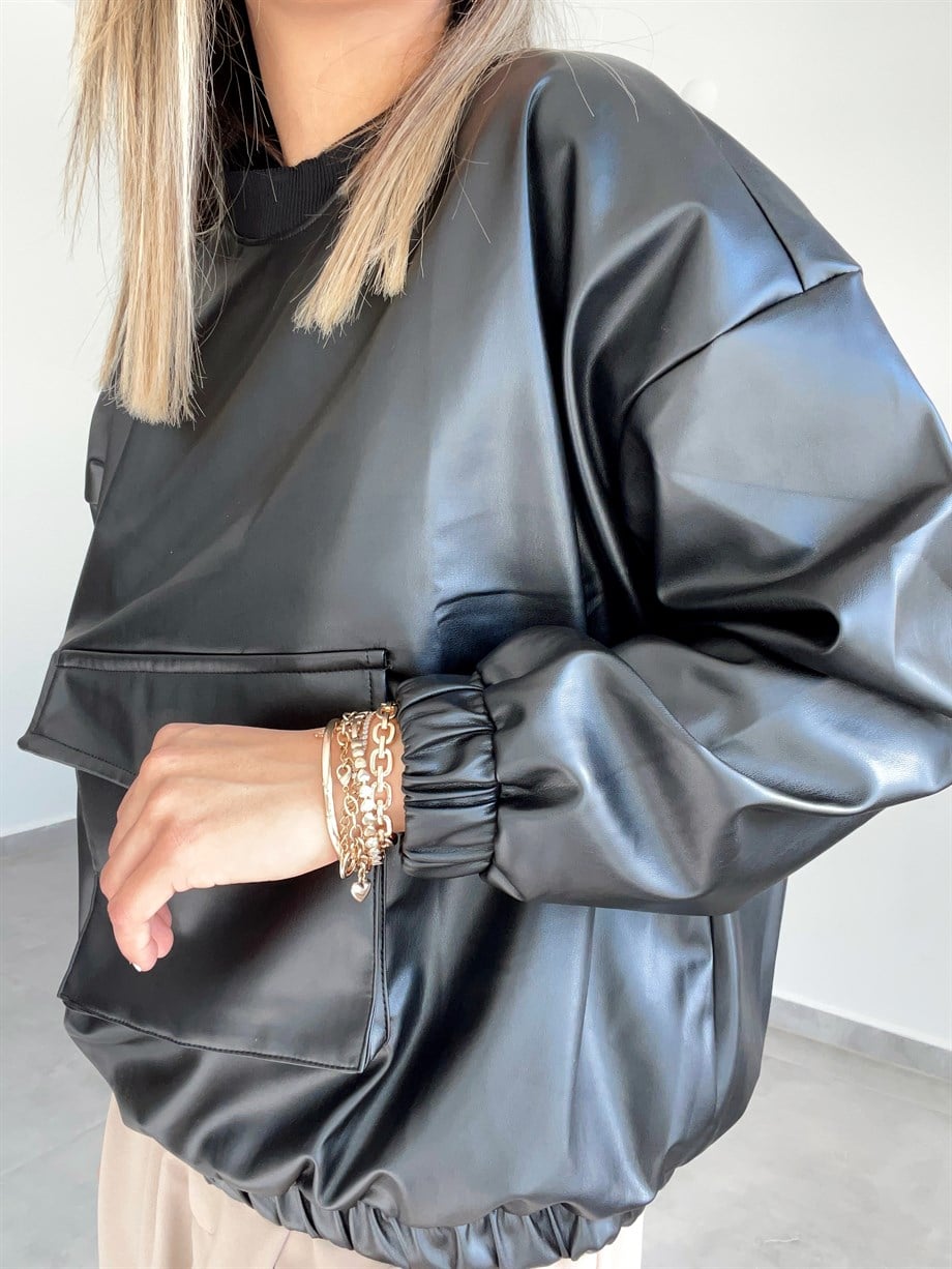 Siyah Deri Sweatshrt