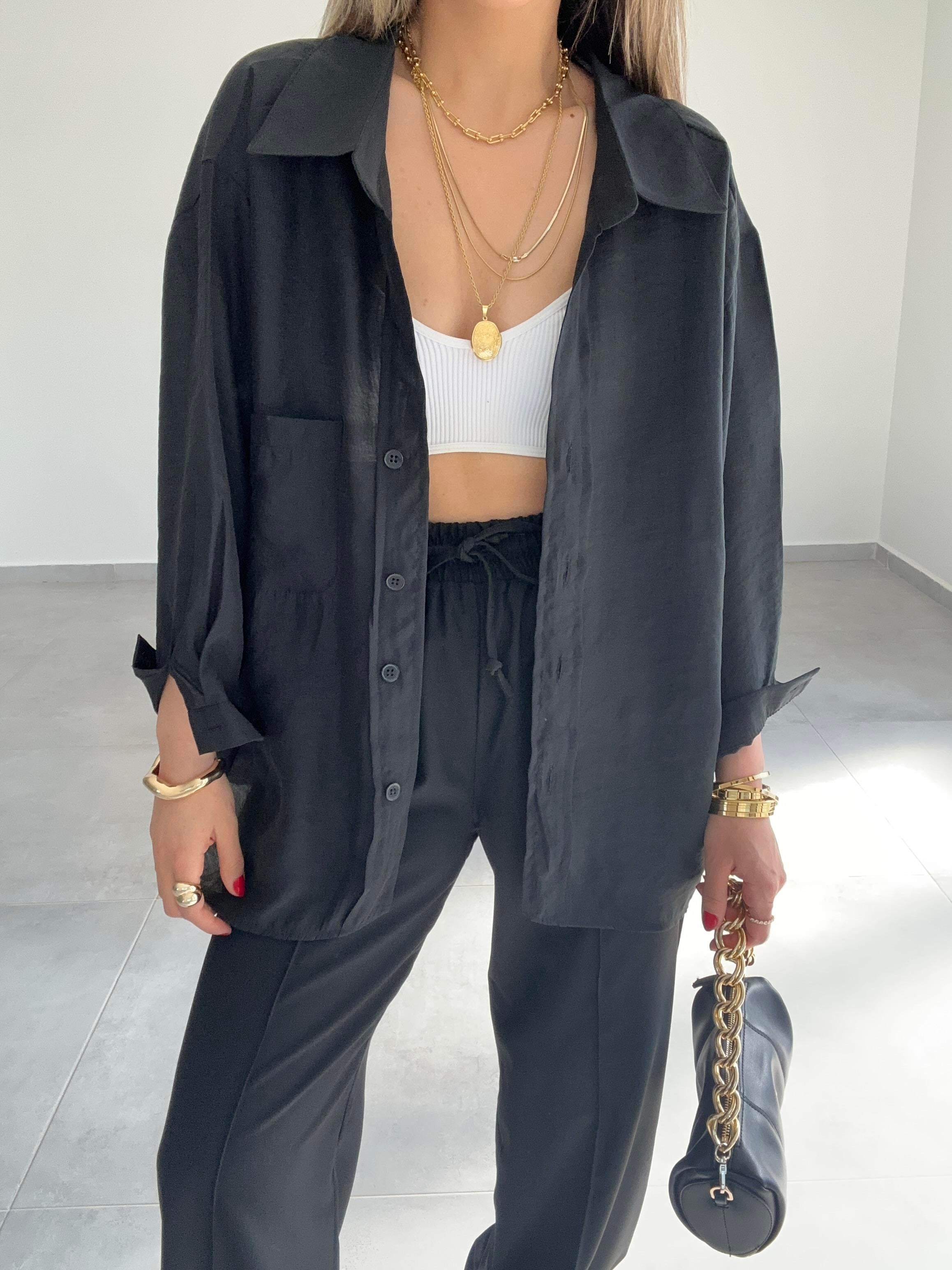 Siyah Düşük Omuz Gömlek