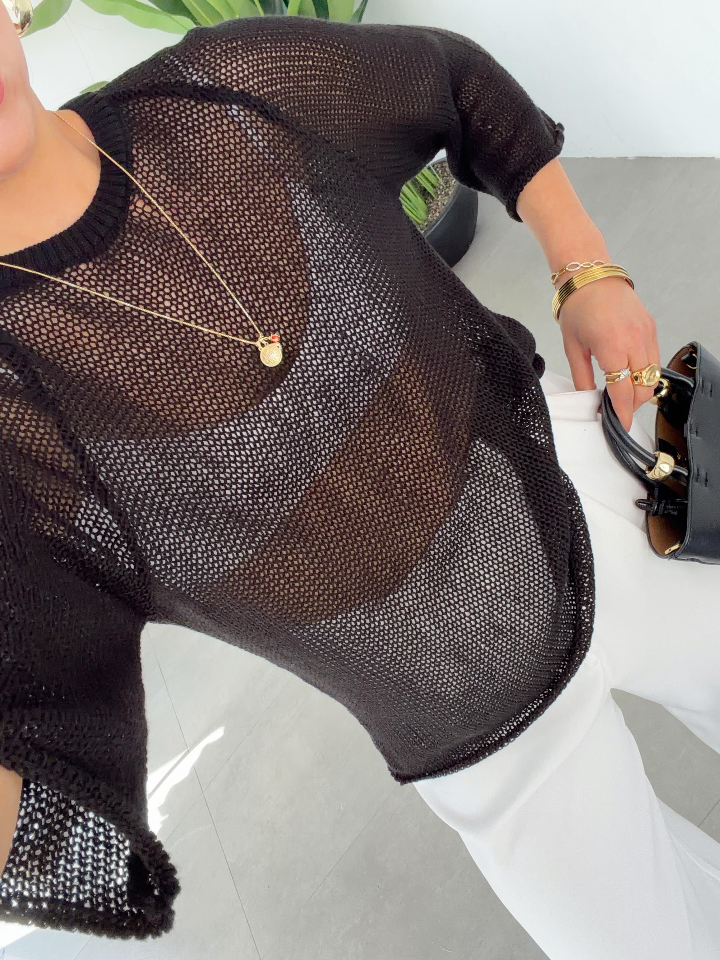 Siyah File Örgü Oversize Triko Bluz