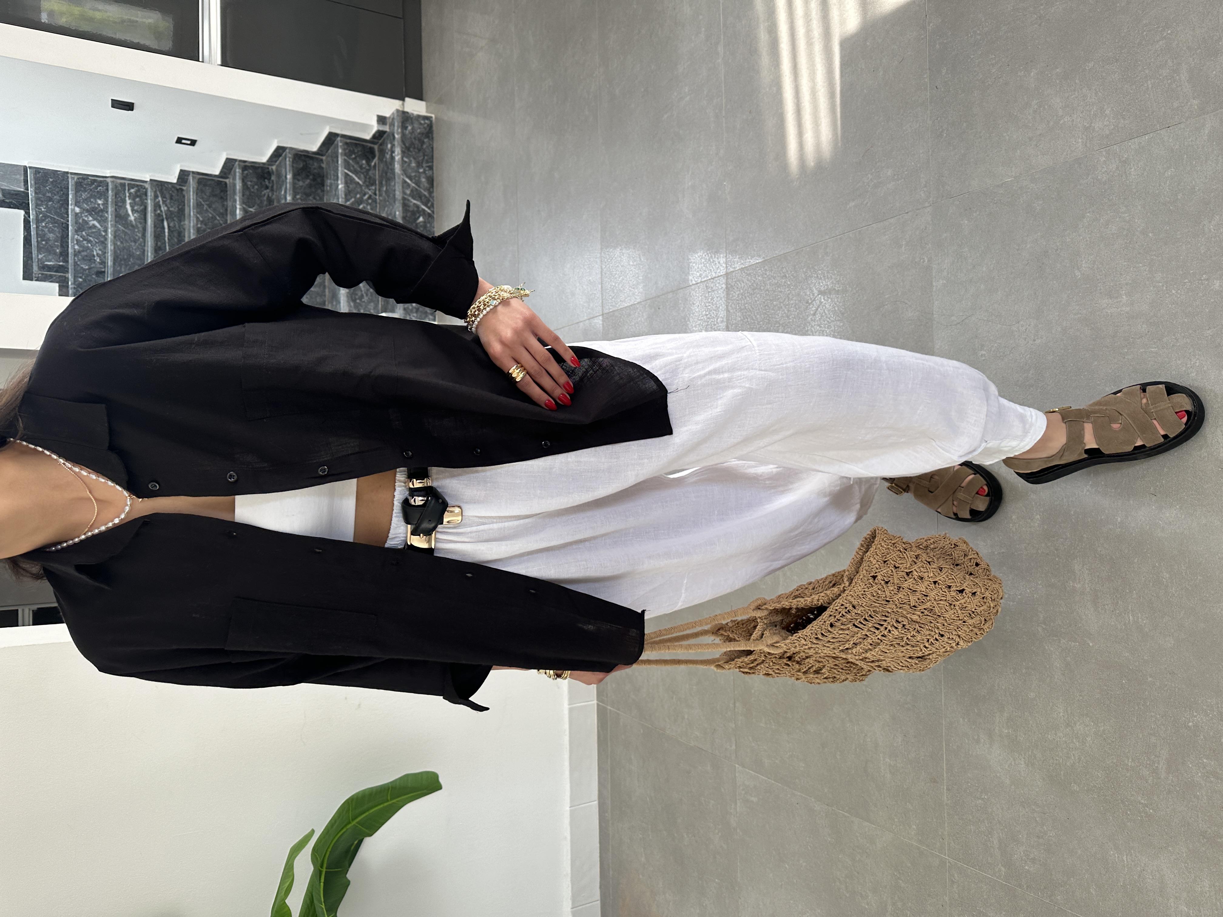 Siyah Flamlı Keten Çift Cep Oversize Gömlek