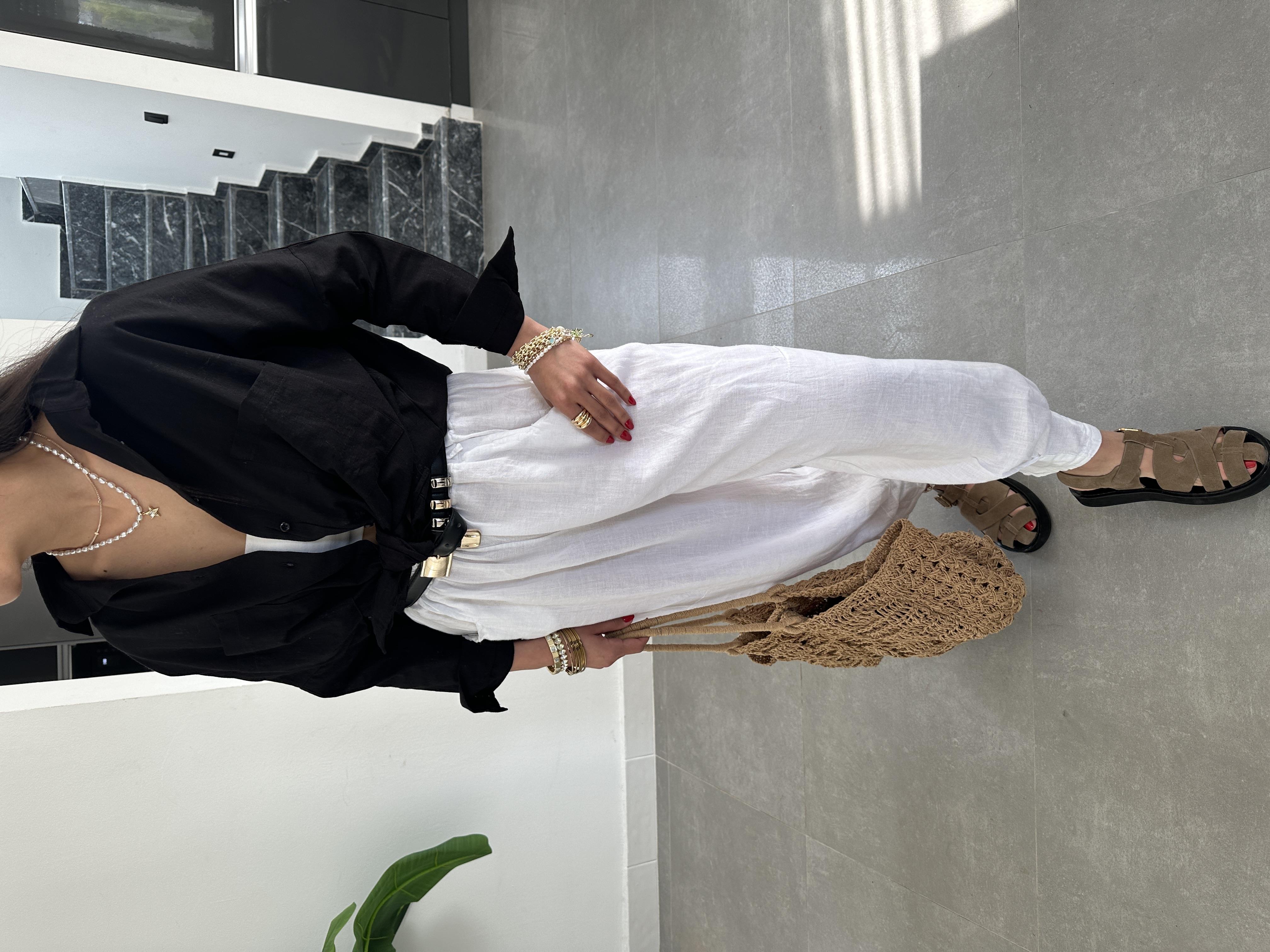 Siyah Flamlı Keten Çift Cep Oversize Gömlek