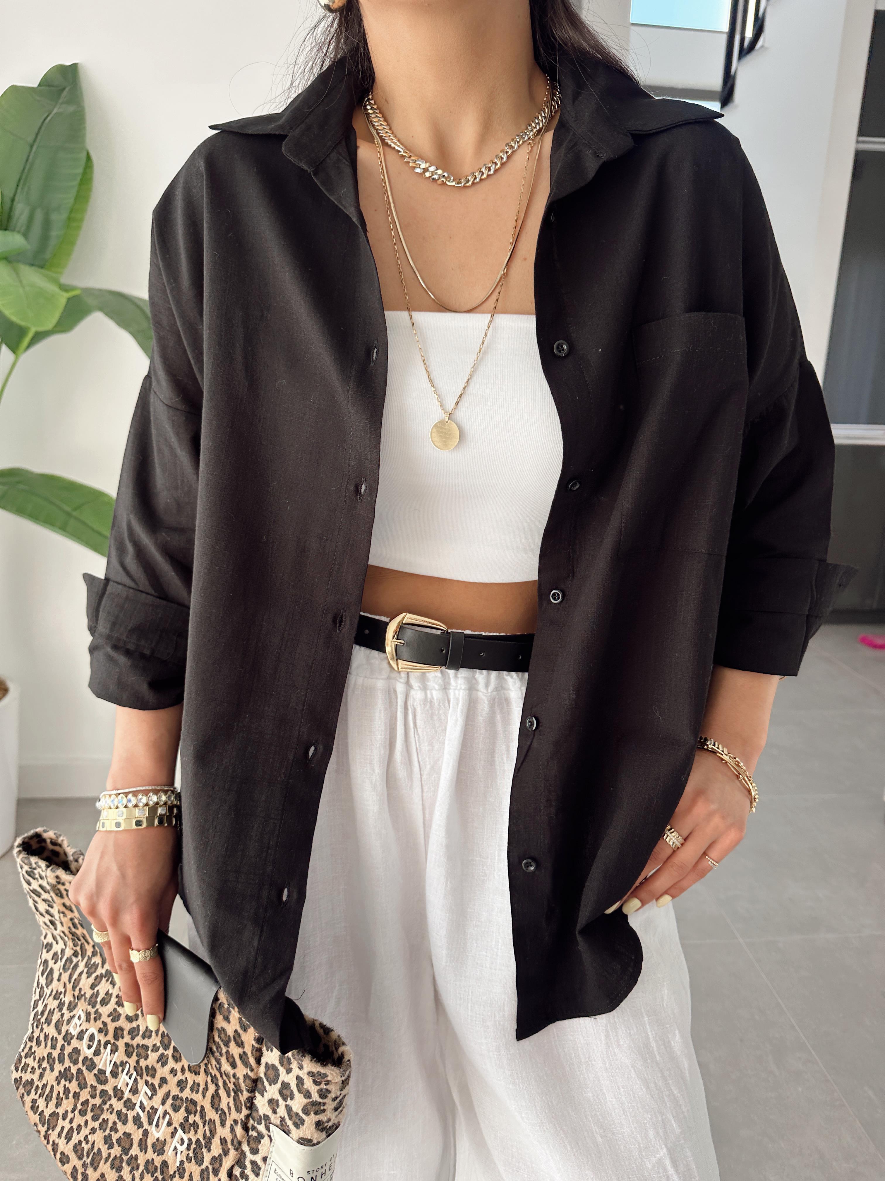 Siyah Flamlı Keten Tek Cep Oversize Gömlek