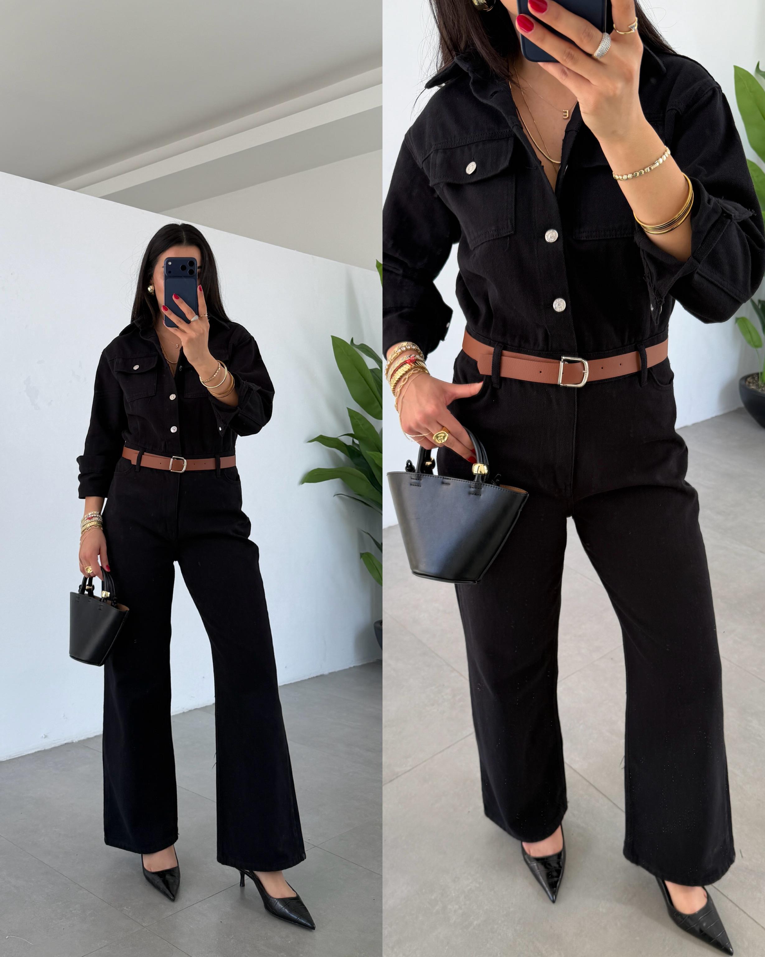 Siyah Gabardin Kemerli Tulum