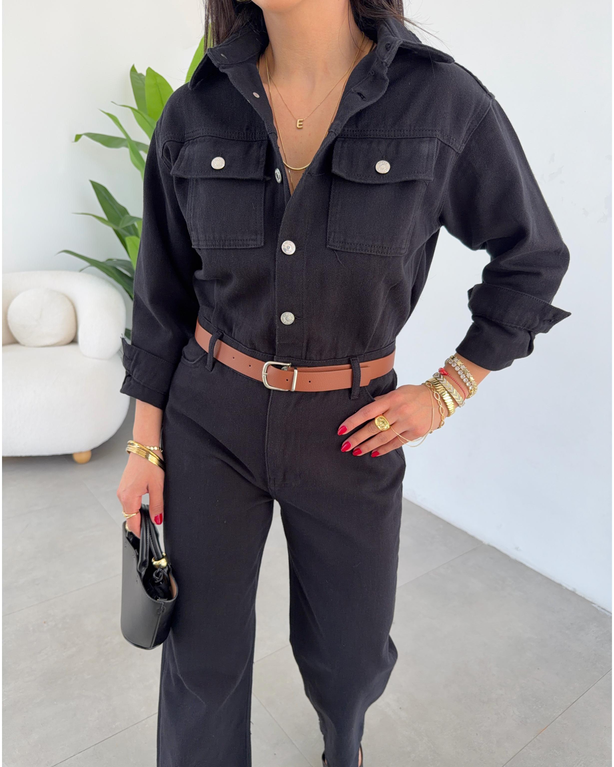 Siyah Gabardin Kemerli Tulum