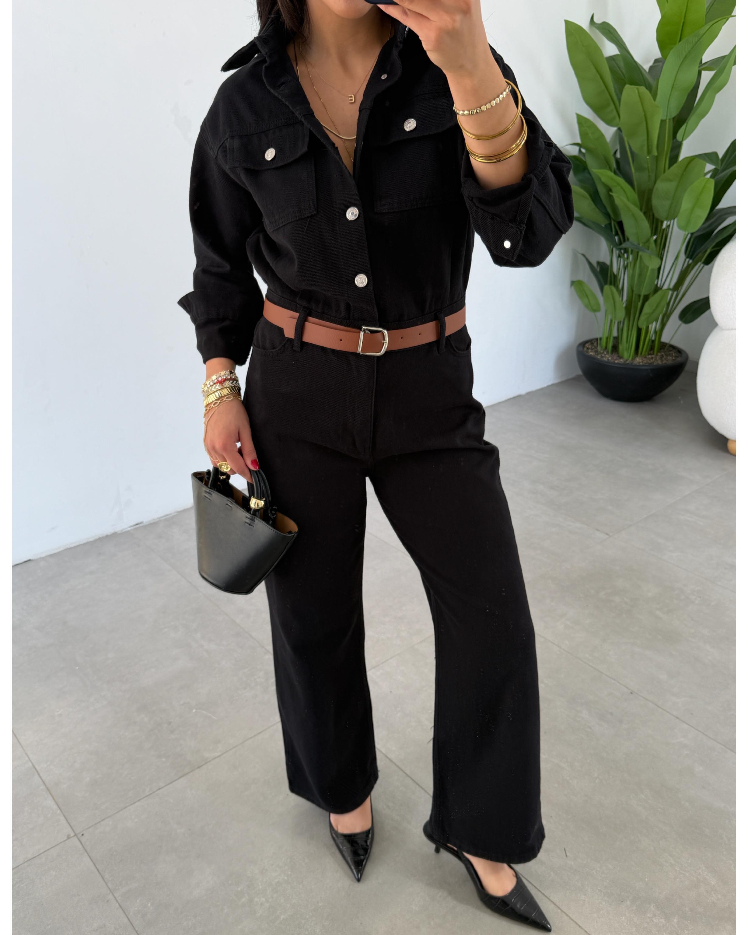 Siyah Gabardin Kemerli Tulum