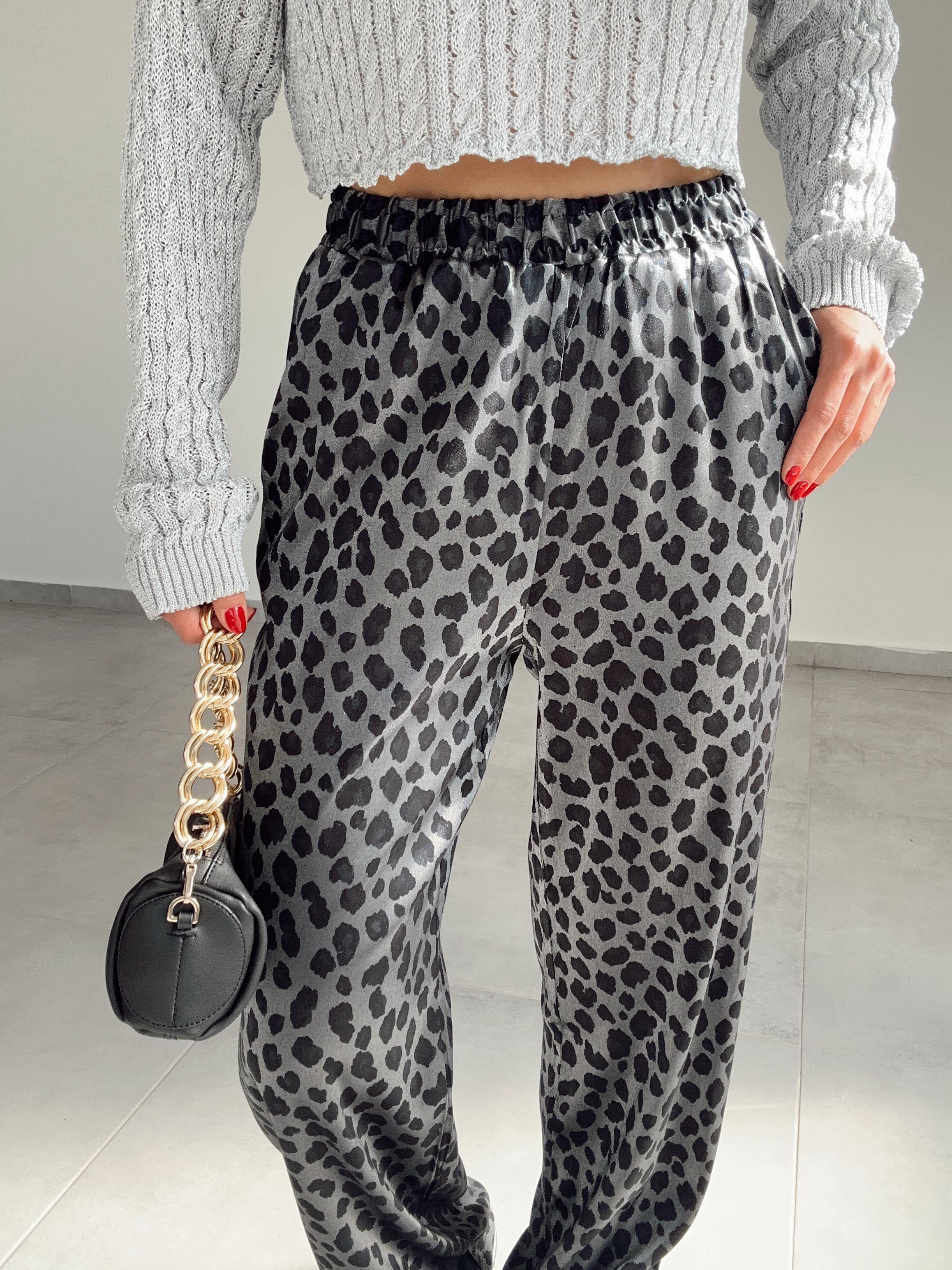 Siyah-Gri Leopar Desen Pantolon