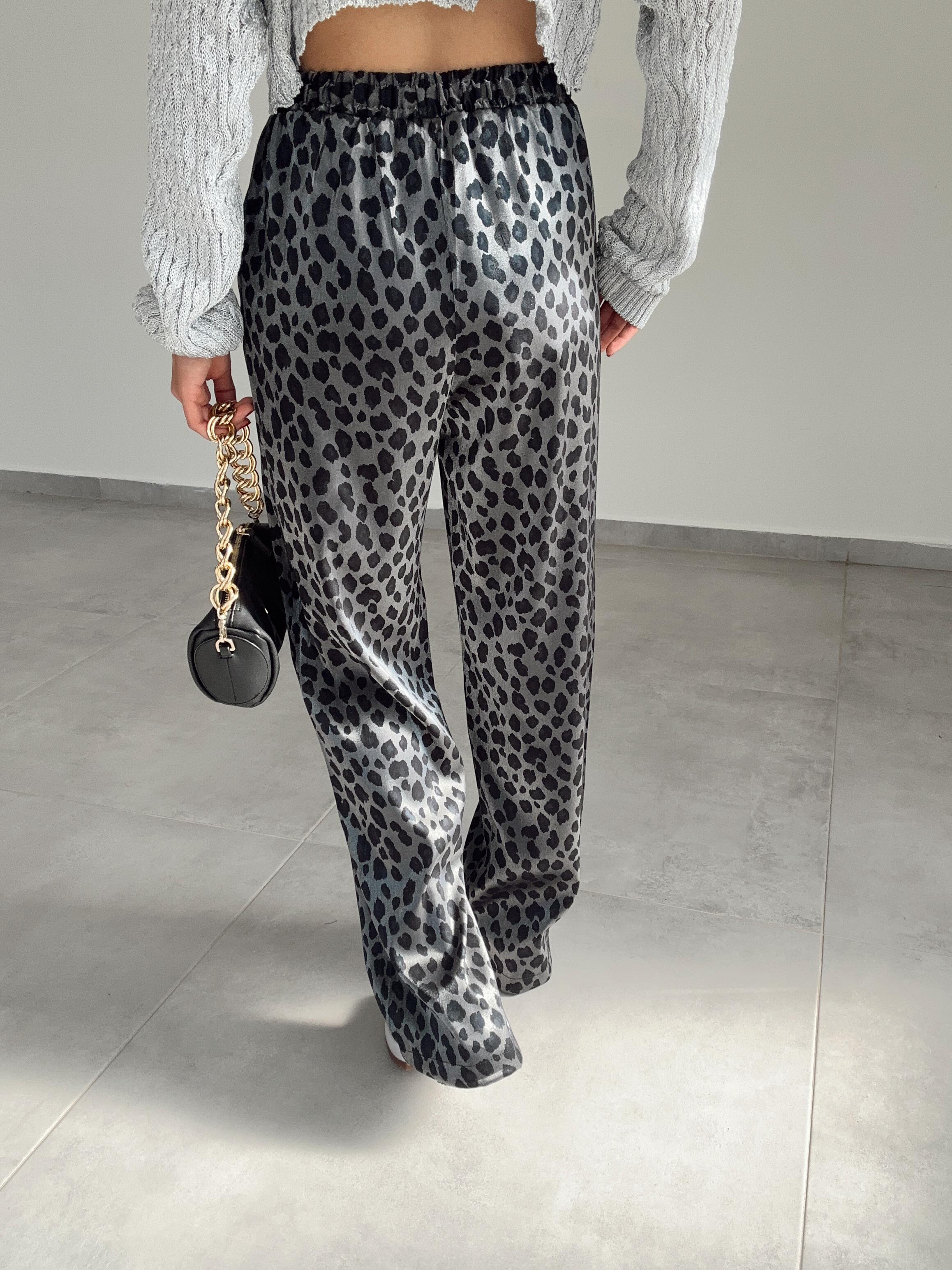 Siyah-Gri Leopar Desen Pantolon