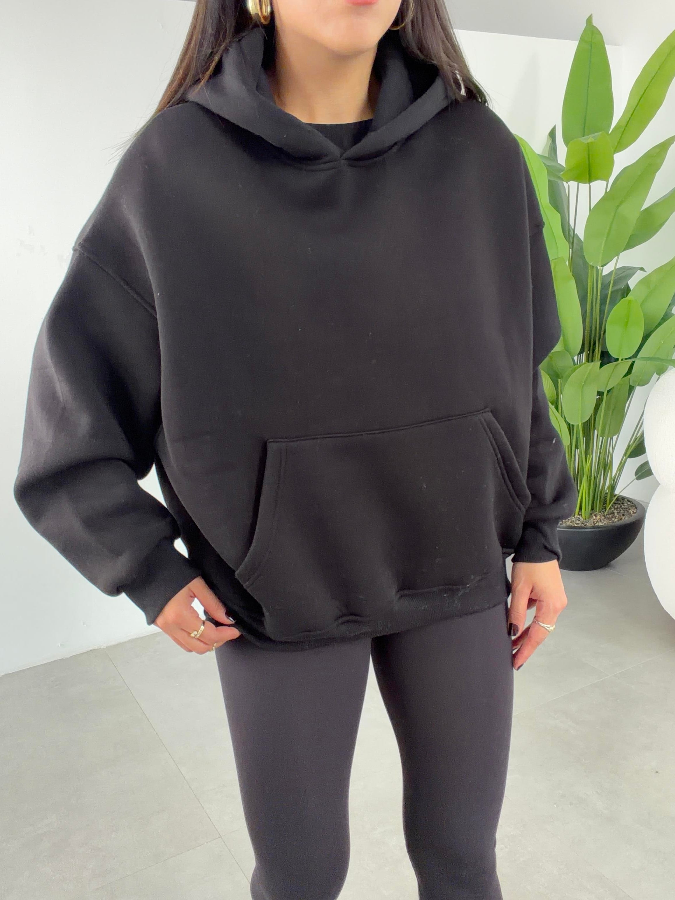 Siyah İçi Şardonlu Kapşonlu Sweatshirt