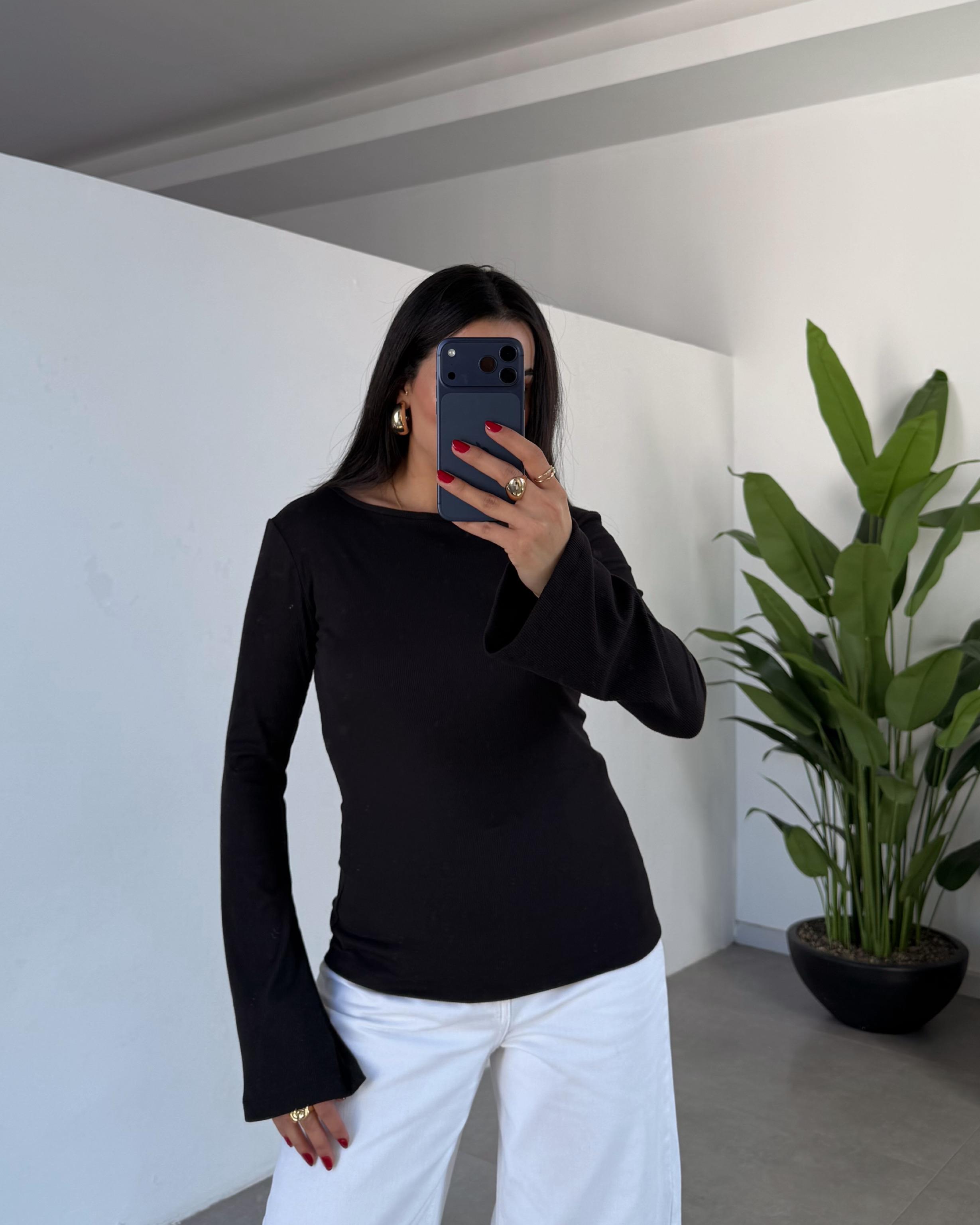 Siyah Kaşkorse İspanyol Uzun Kol Bluz