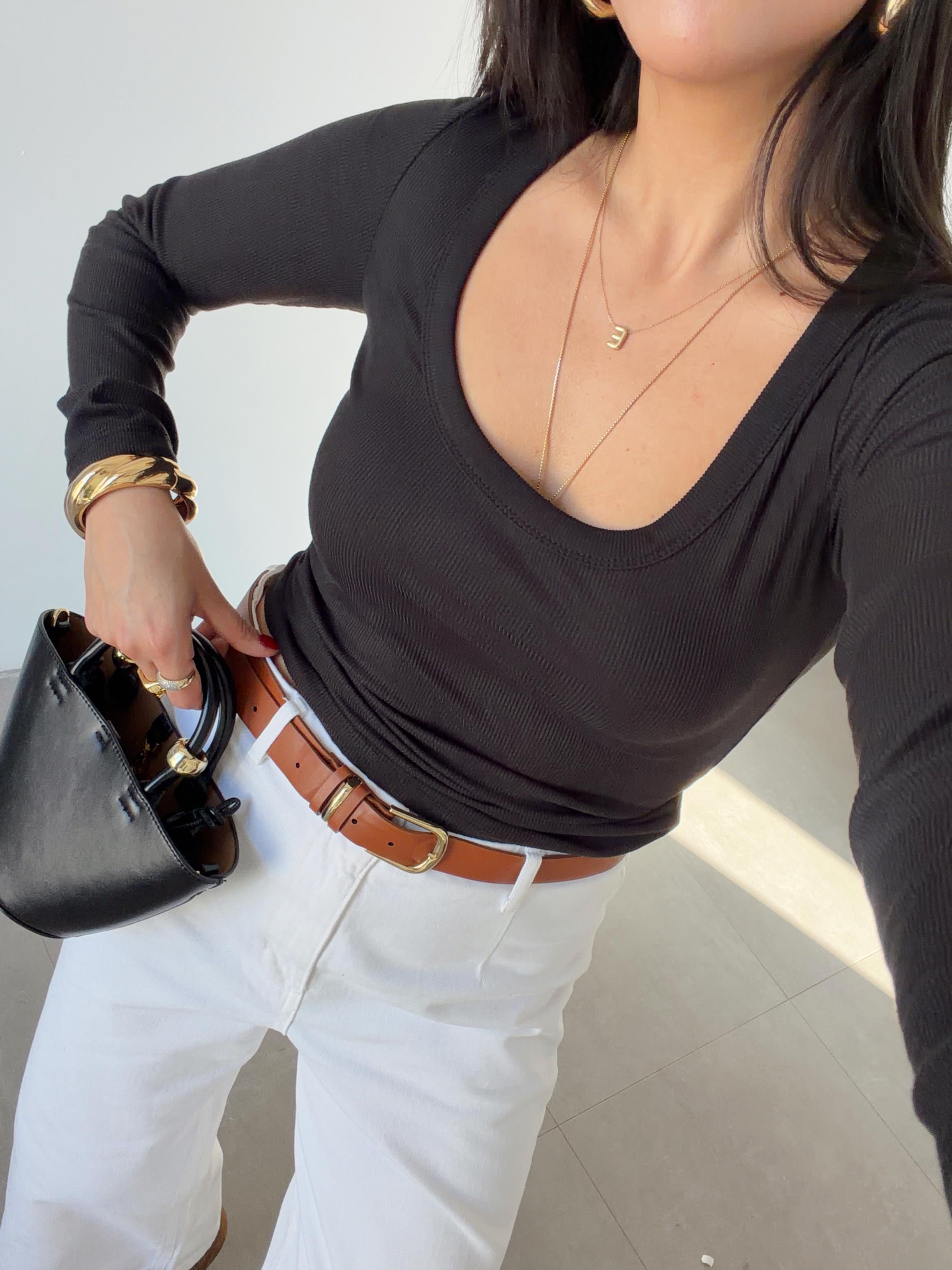 Siyah Kaşkorse U Yaka Uzun Kollu Bluz