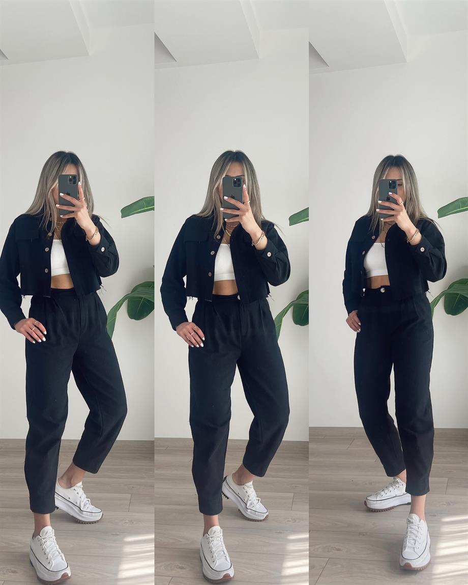 Siyah Keten Ceket Takım