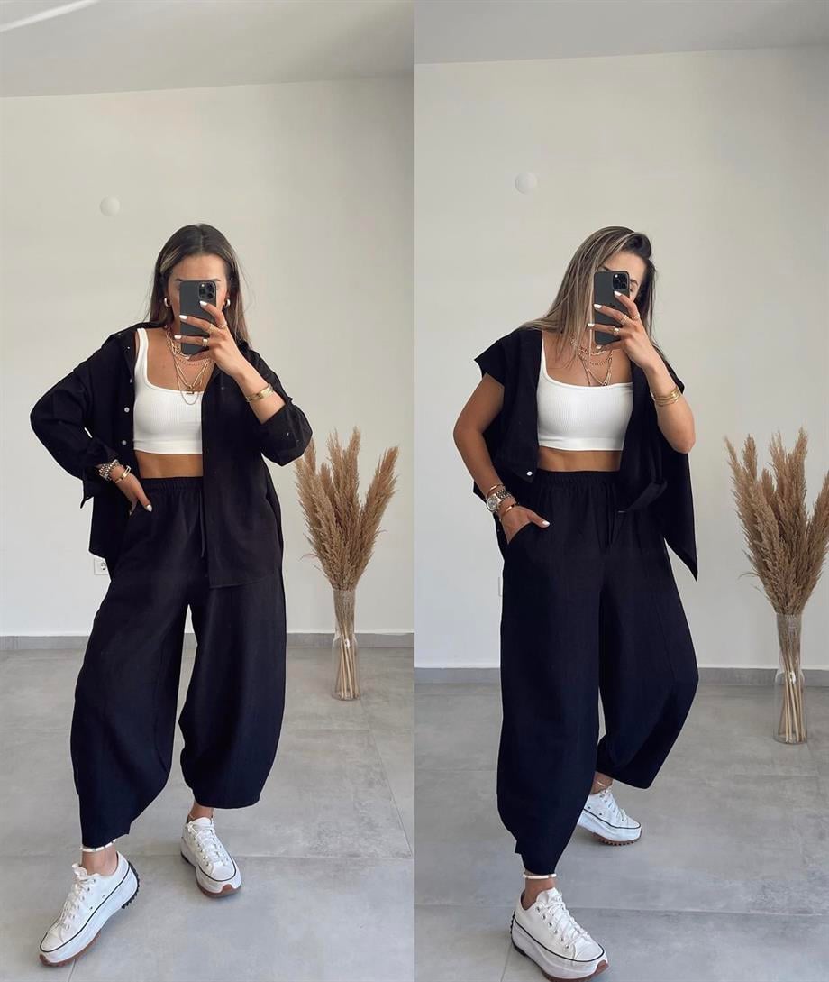 Siyah Keten Şalvar Pantolon