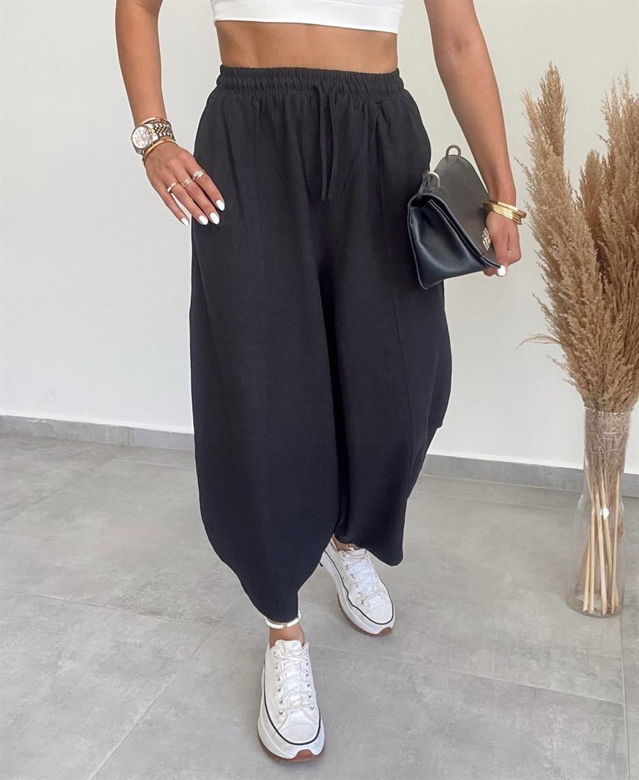 Siyah Keten Şalvar Pantolon