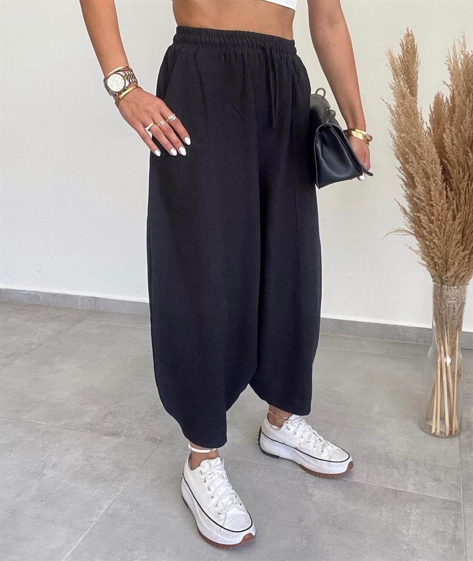 Siyah Keten Şalvar Pantolon