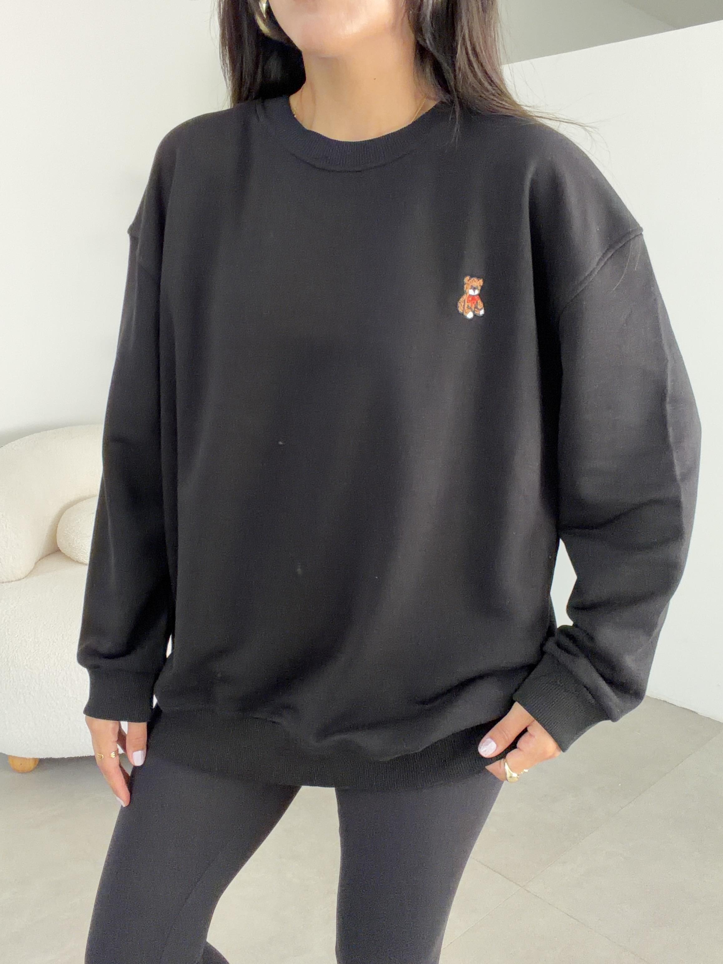 Siyah Küçük Teddy Nakışlı Sweat
