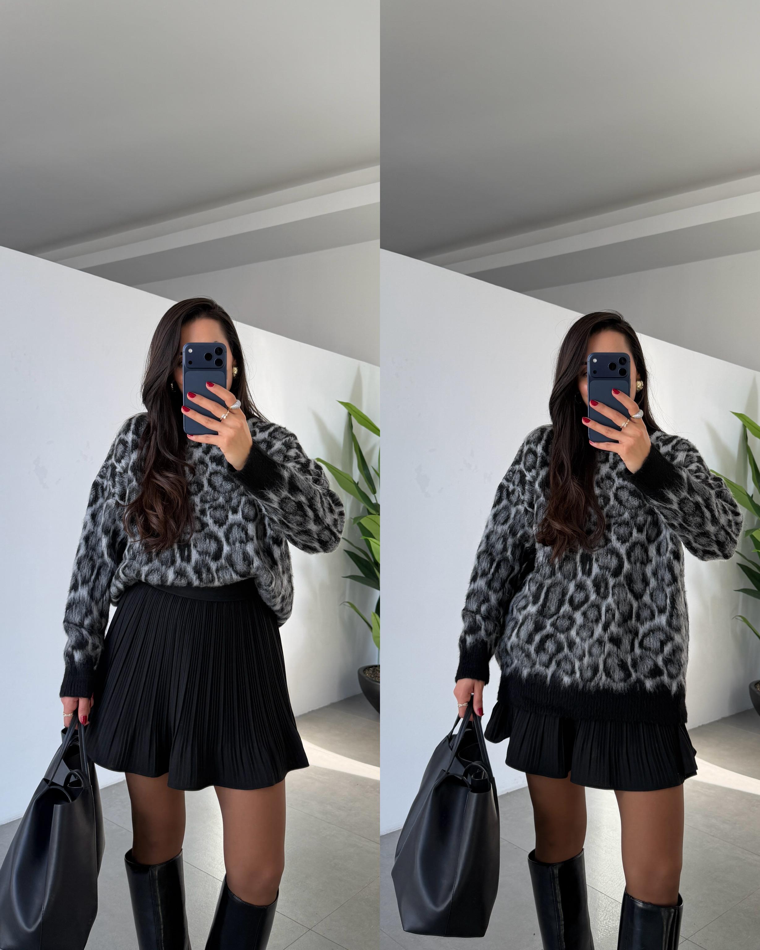 Siyah Leopar Desenli Kazak