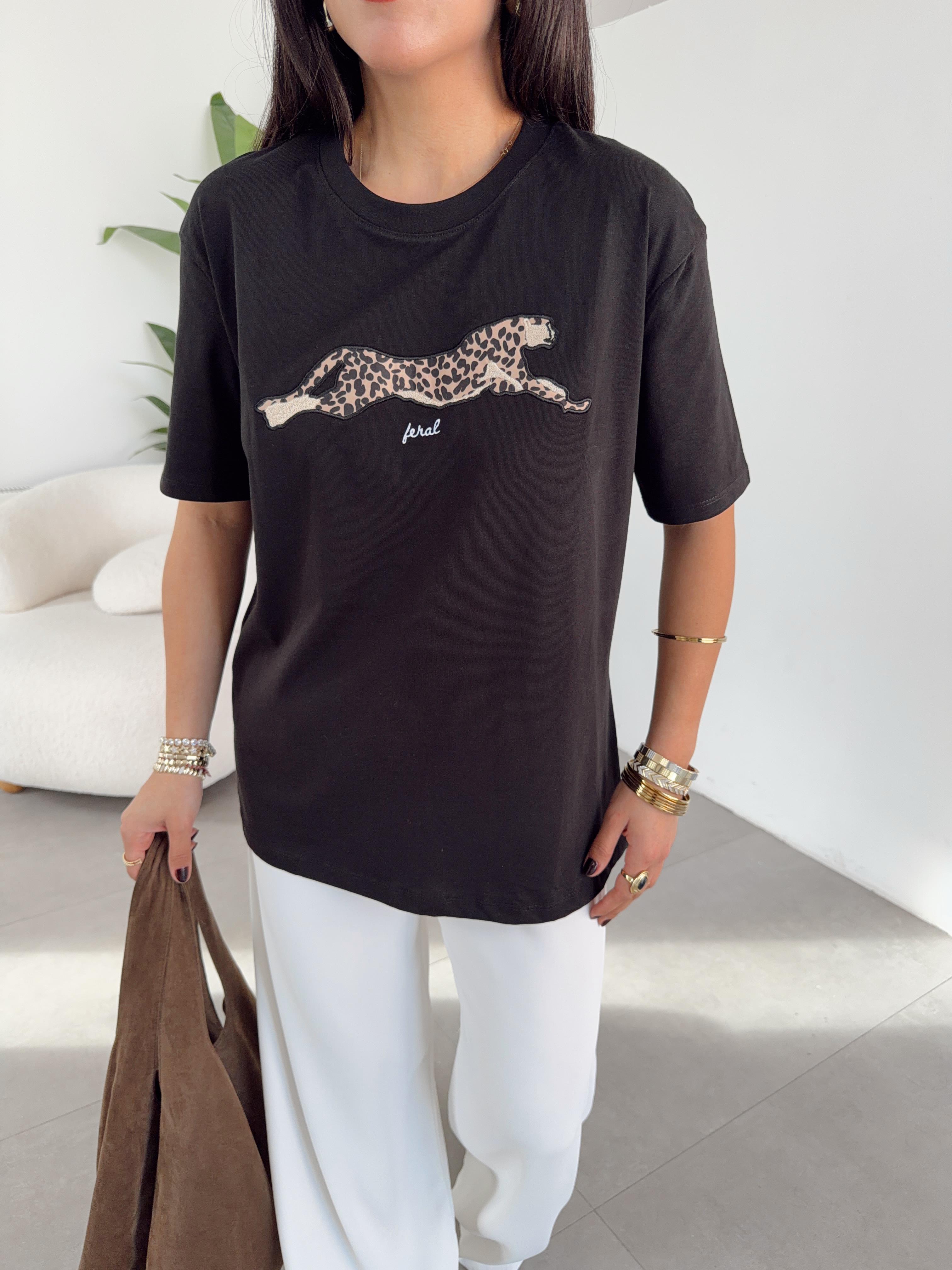 Siyah Leopar Desenli Oversize Tshirt