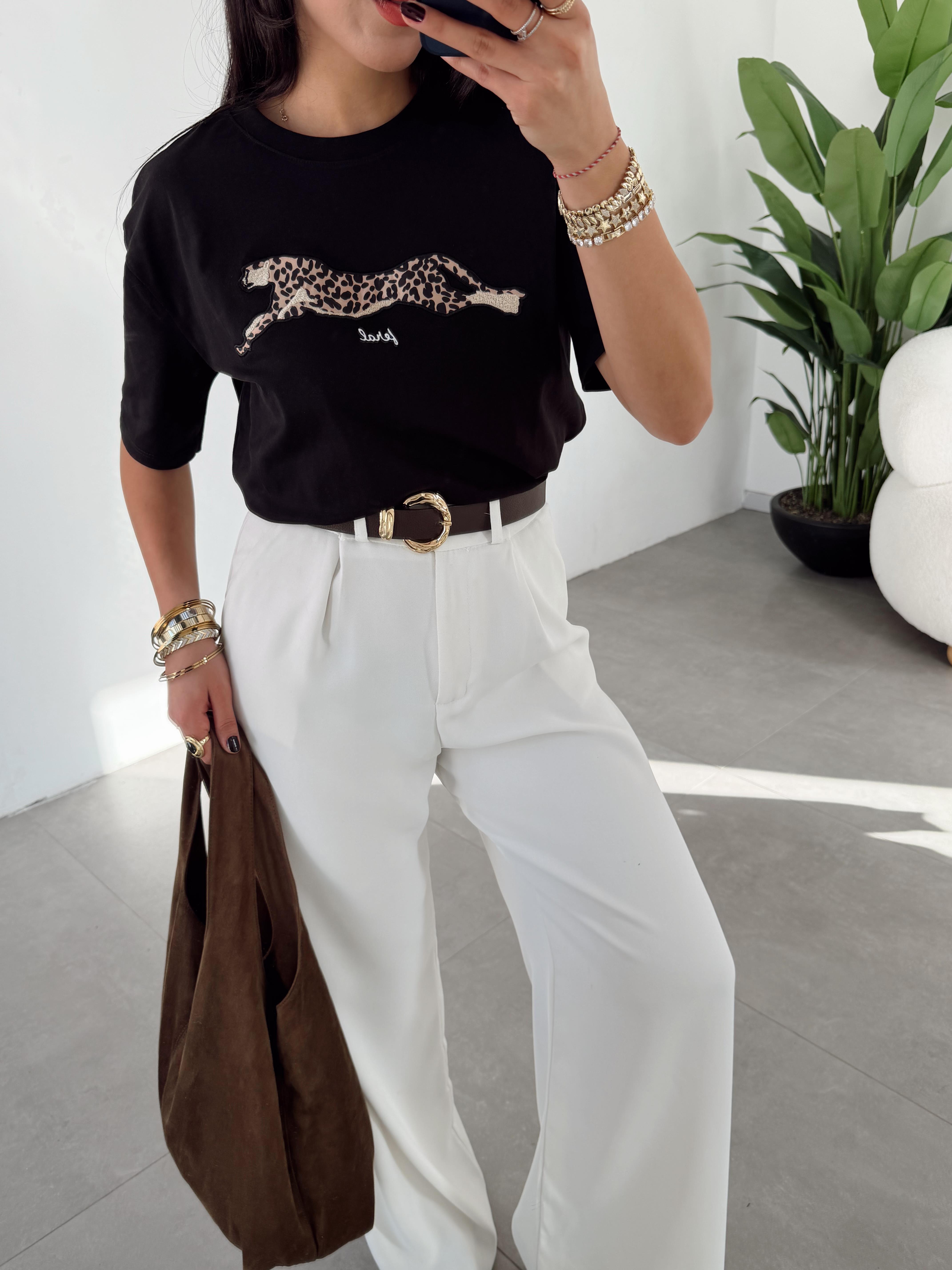 Siyah Leopar Desenli Oversize Tshirt