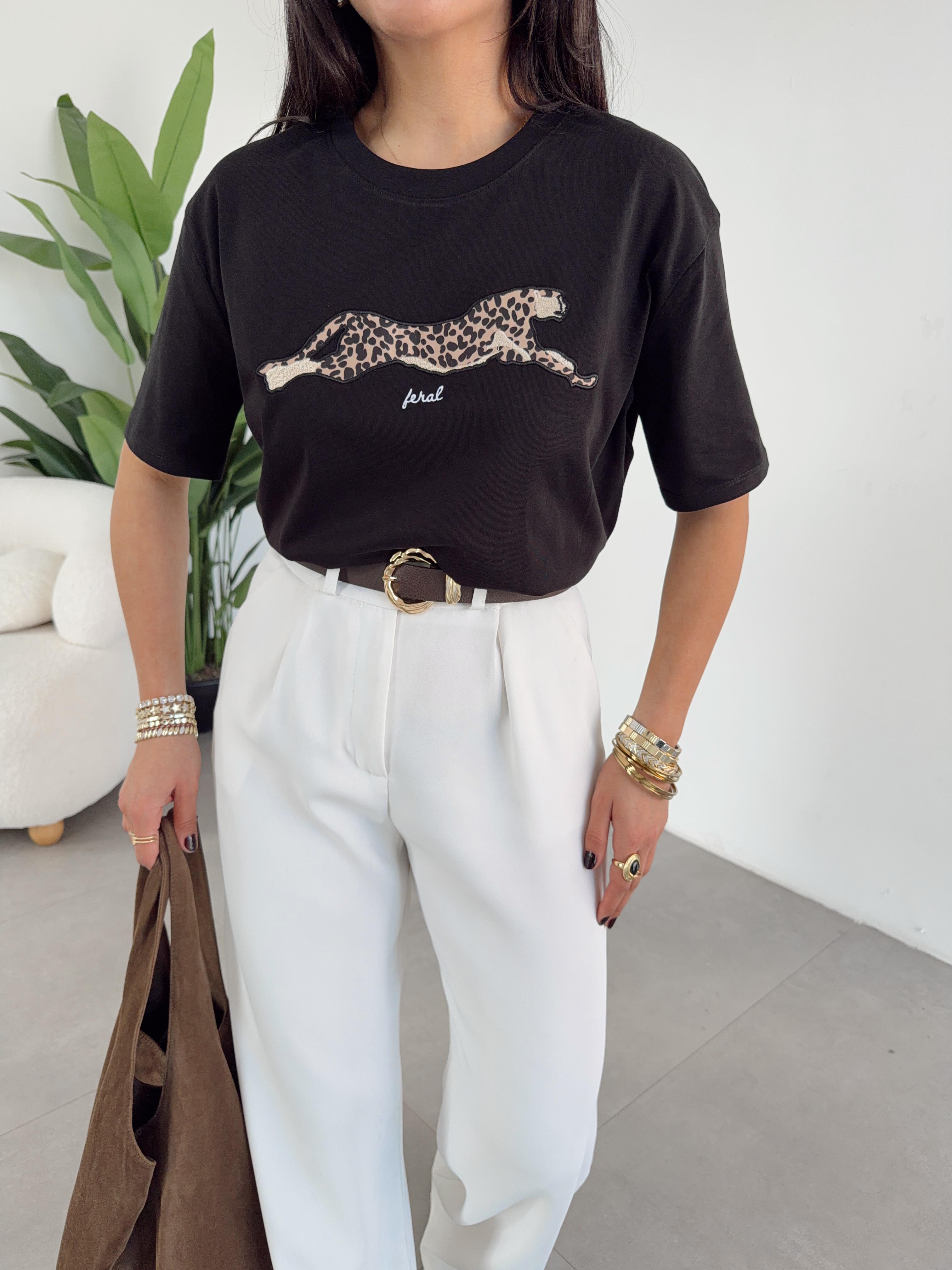 Siyah Leopar Desenli Oversize Tshirt