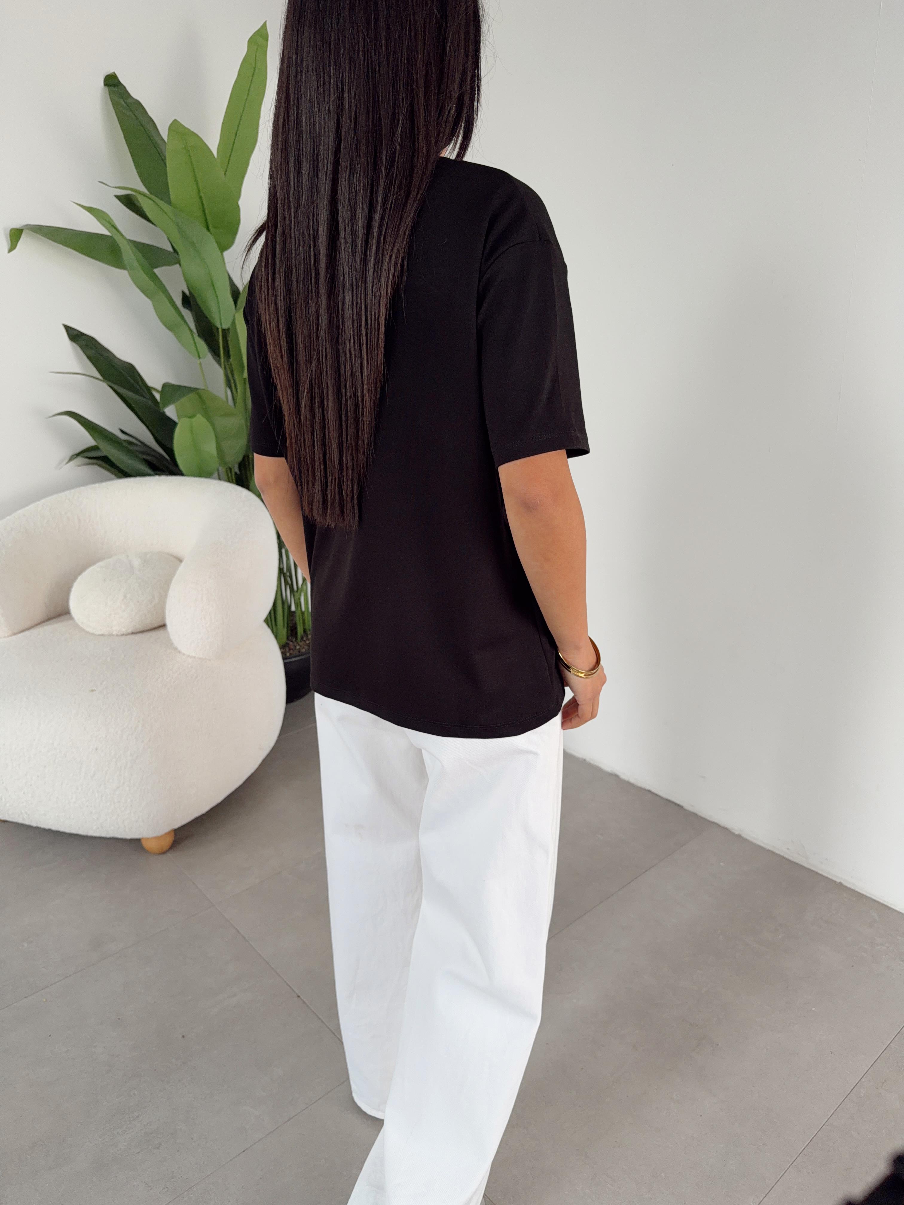 Siyah Modal Kumaş Bisiklet Yaka Tshirt