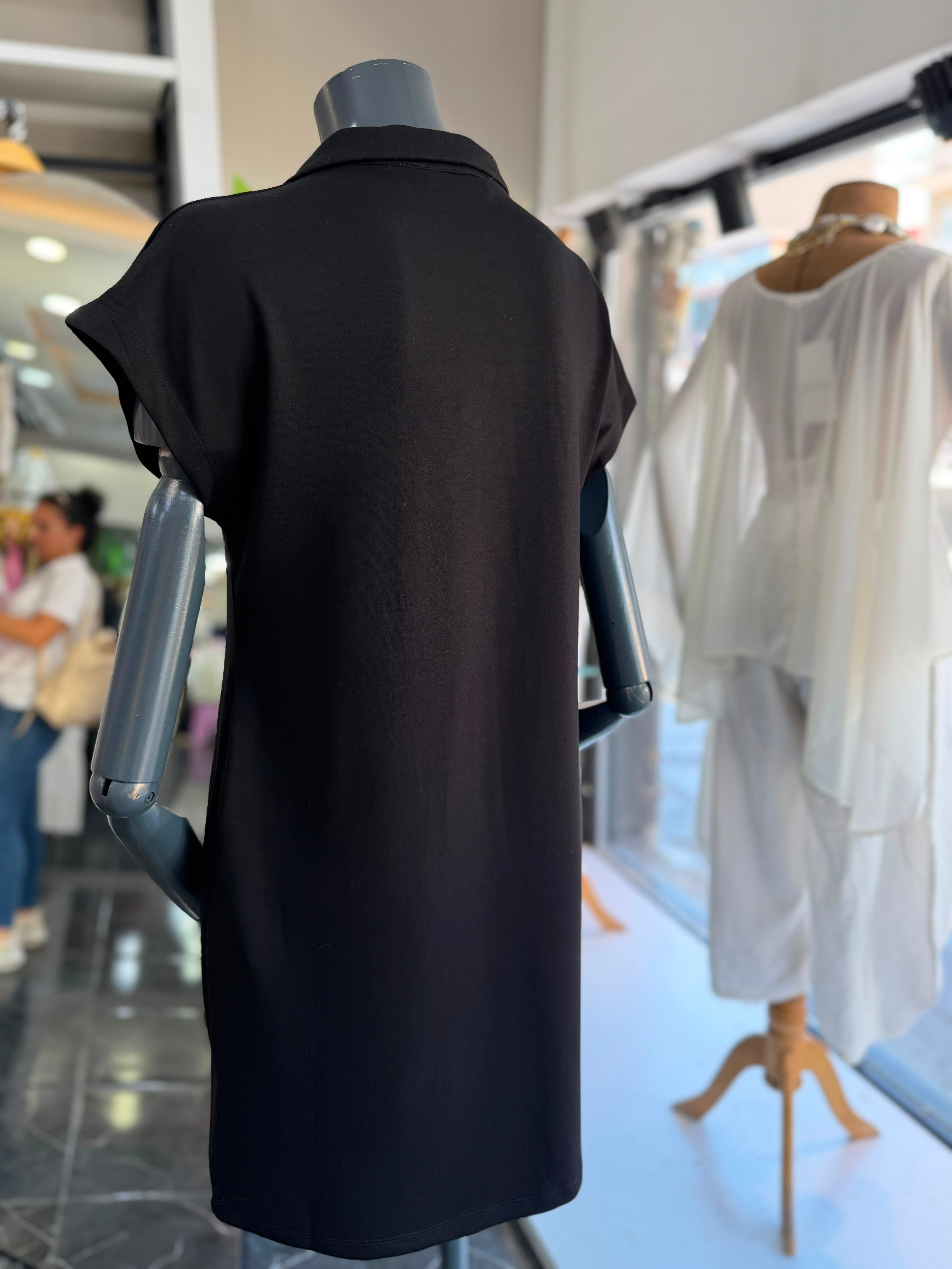 Siyah Modal Polo Yaka Çimalı Elbise