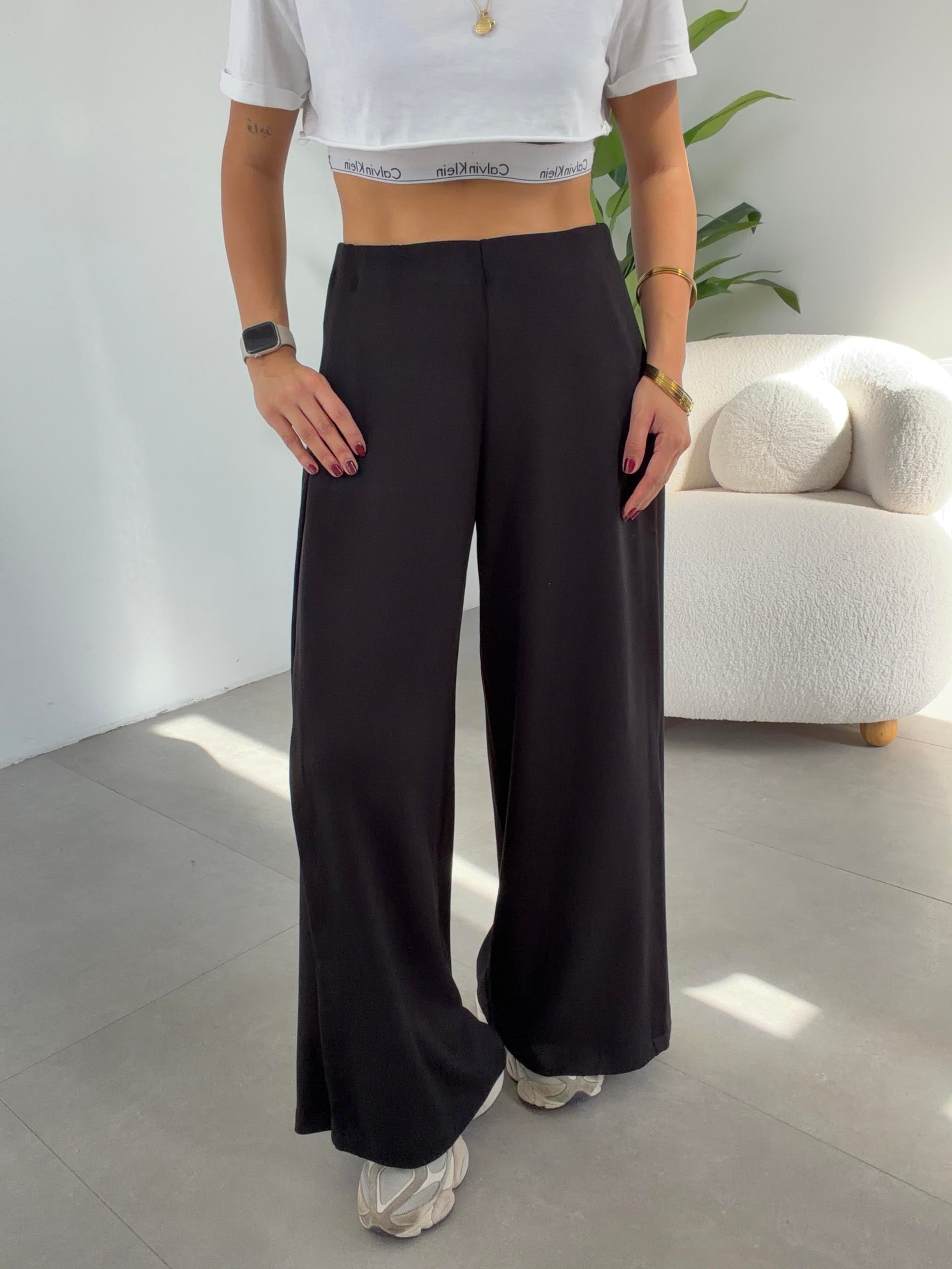 Siyah Modal Yan Pileli Palazzo Pantolon