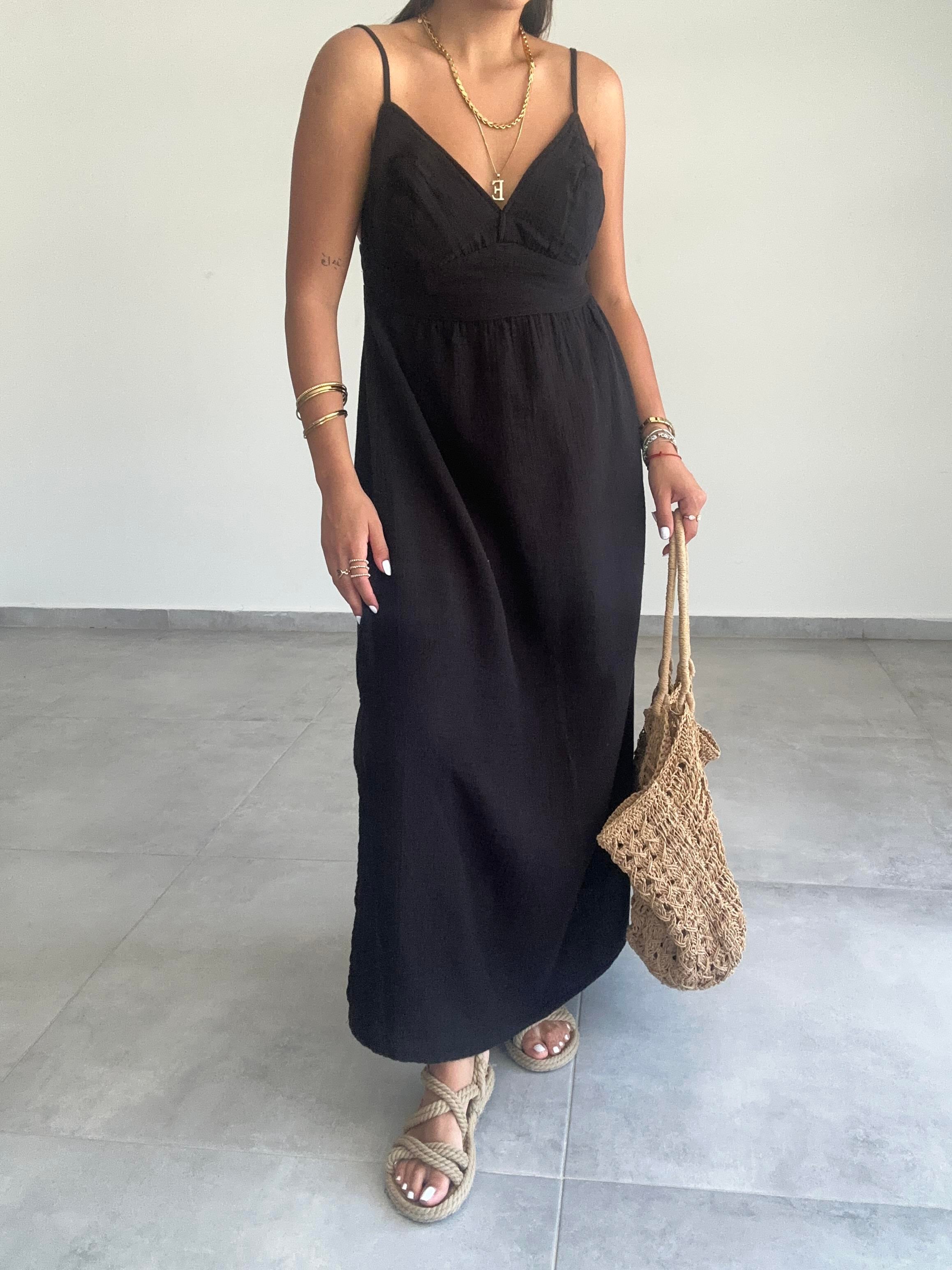 Siyah Müslin Askılı Sırt Açık Elbise