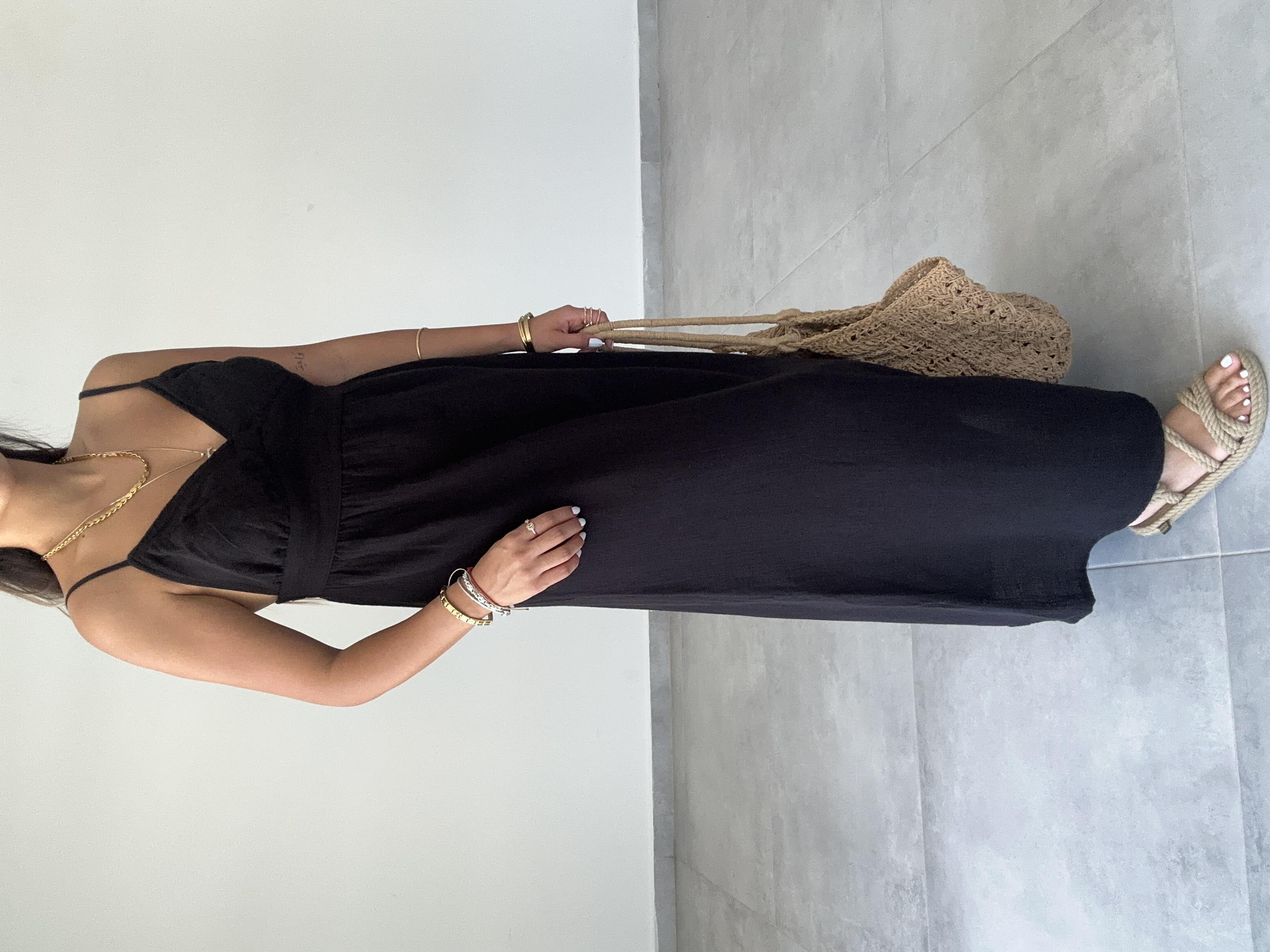 Siyah Müslin Askılı Sırt Açık Elbise