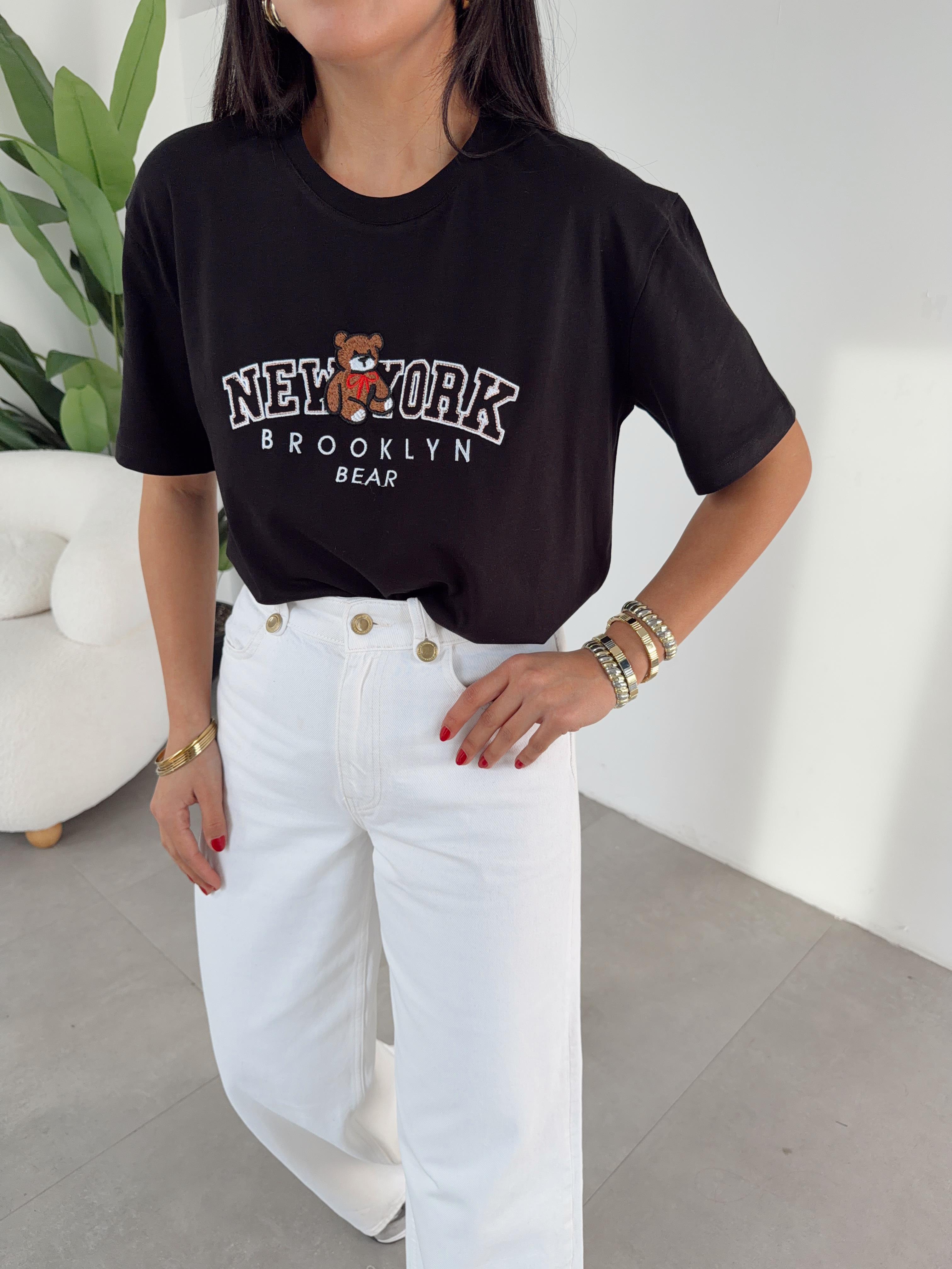 Siyah Ny Teddy Nakışlı Bisiklet Yaka Tshirt