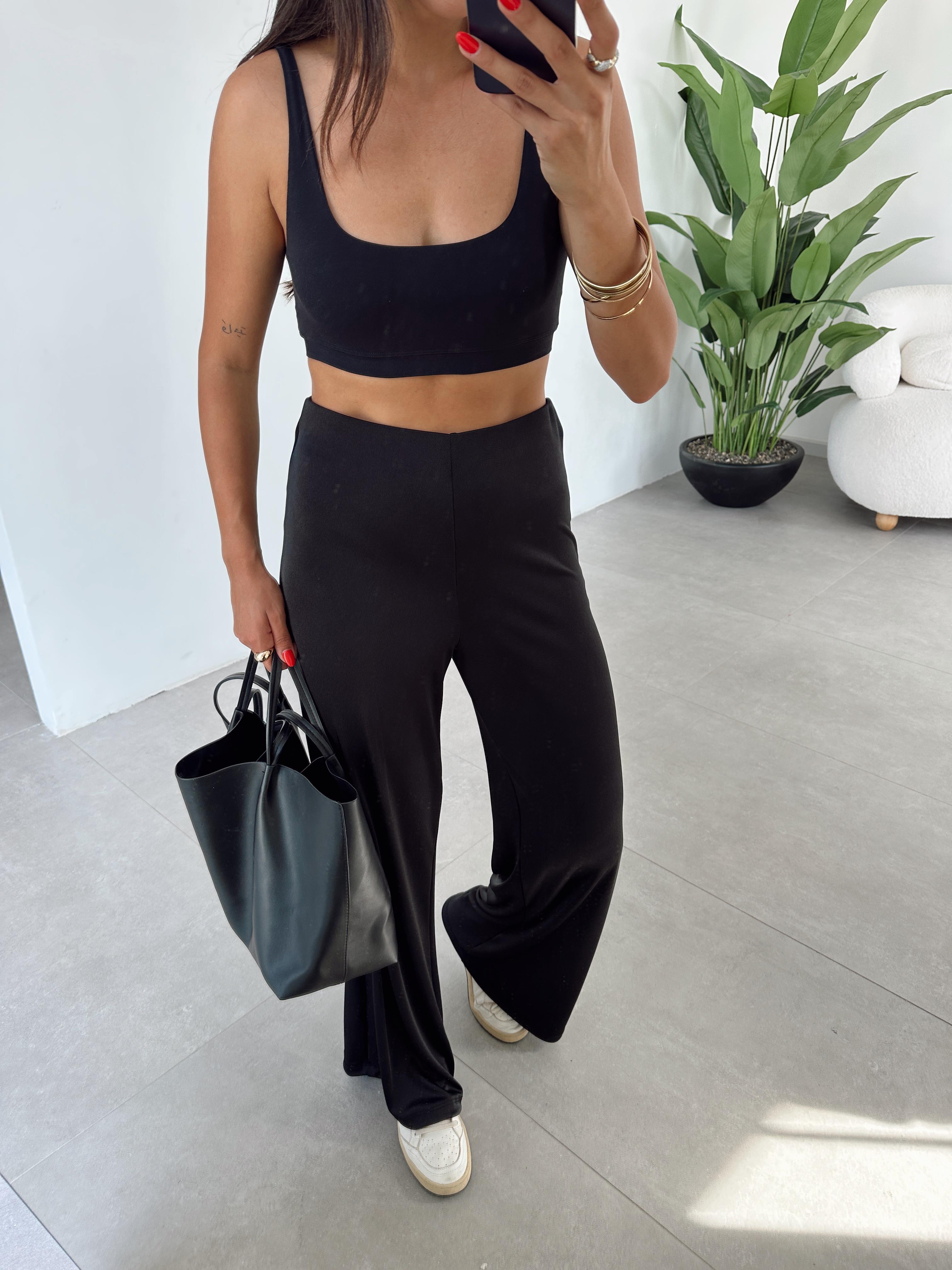 Hena Siyah Örme Saten Kemersiz Palazzo Pantolon