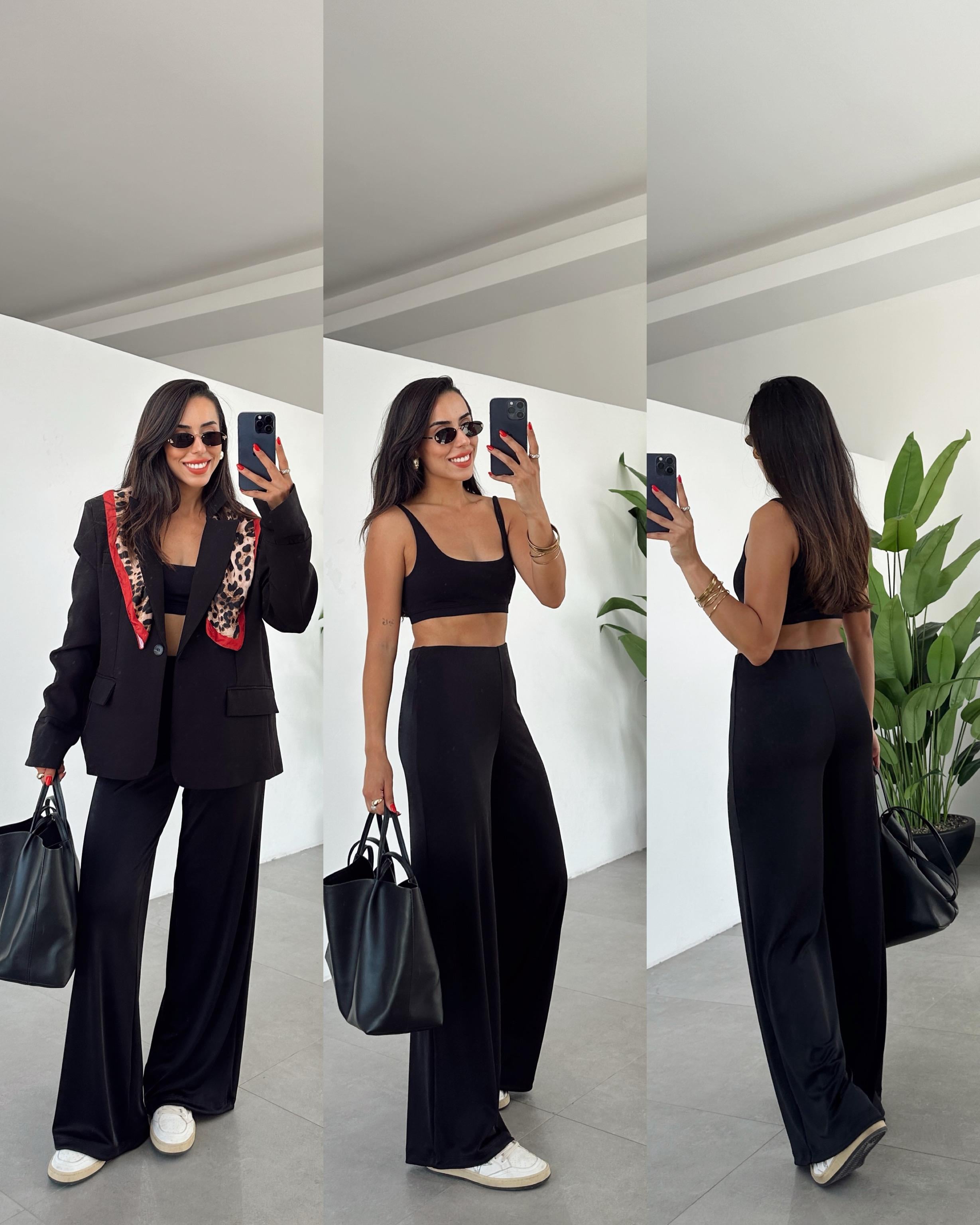 Hena Siyah Örme Saten Kemersiz Palazzo Pantolon