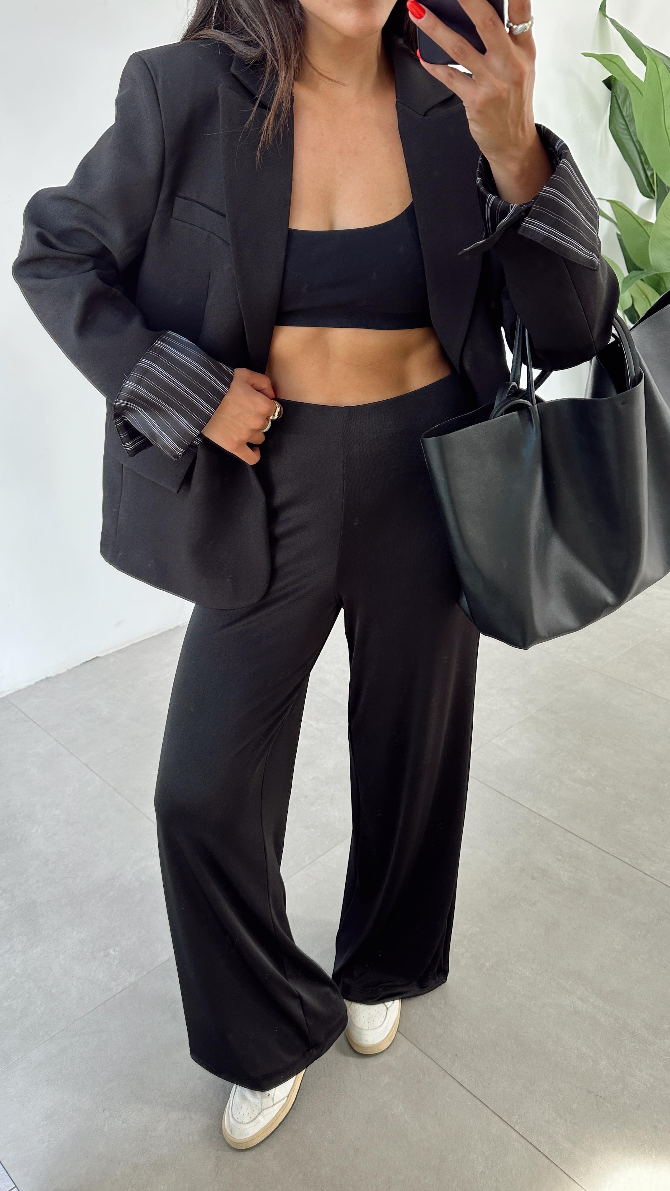 Hena Siyah Örme Saten Kemersiz Palazzo Pantolon