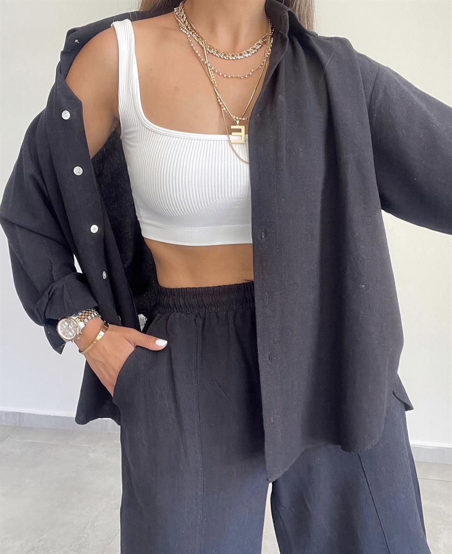 Siyah Oversize Keten Gömlek